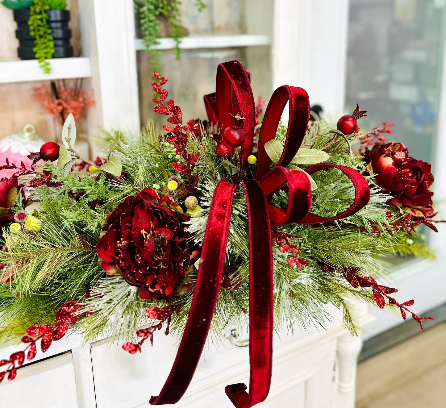 Deluxe Burgundy Peony Christmas Centerpiece – Elegant Velvet Holiday Floral Swag TCT Crafts