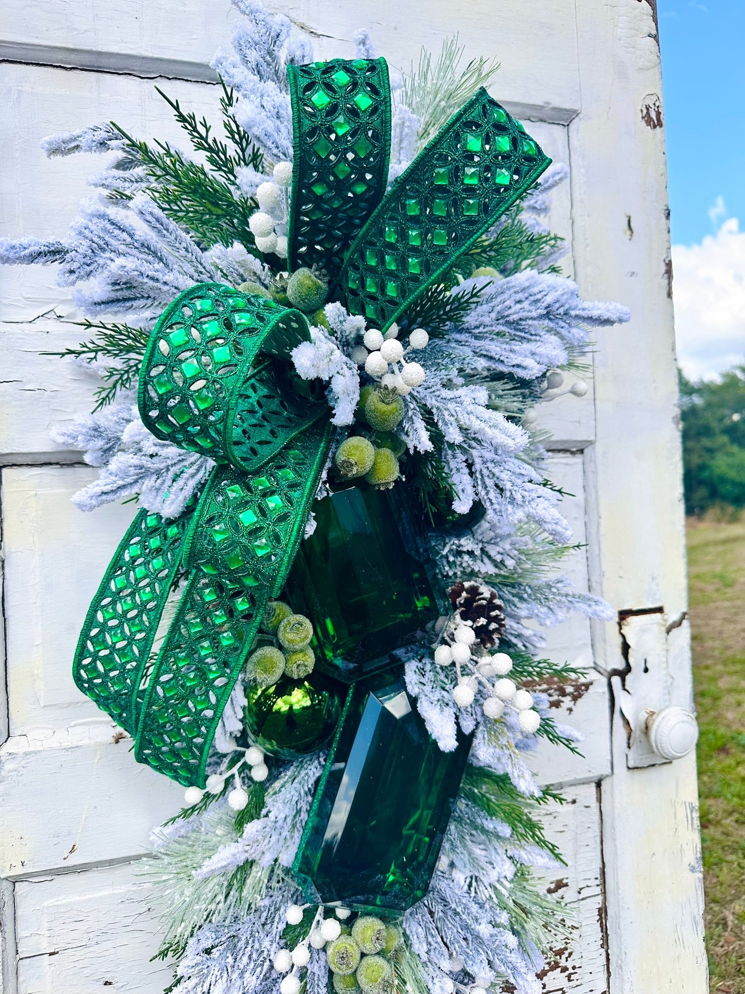 Emerald Green Jeweled Christmas Swag | Elegant Flocked Holiday Door Swag TCT Crafts