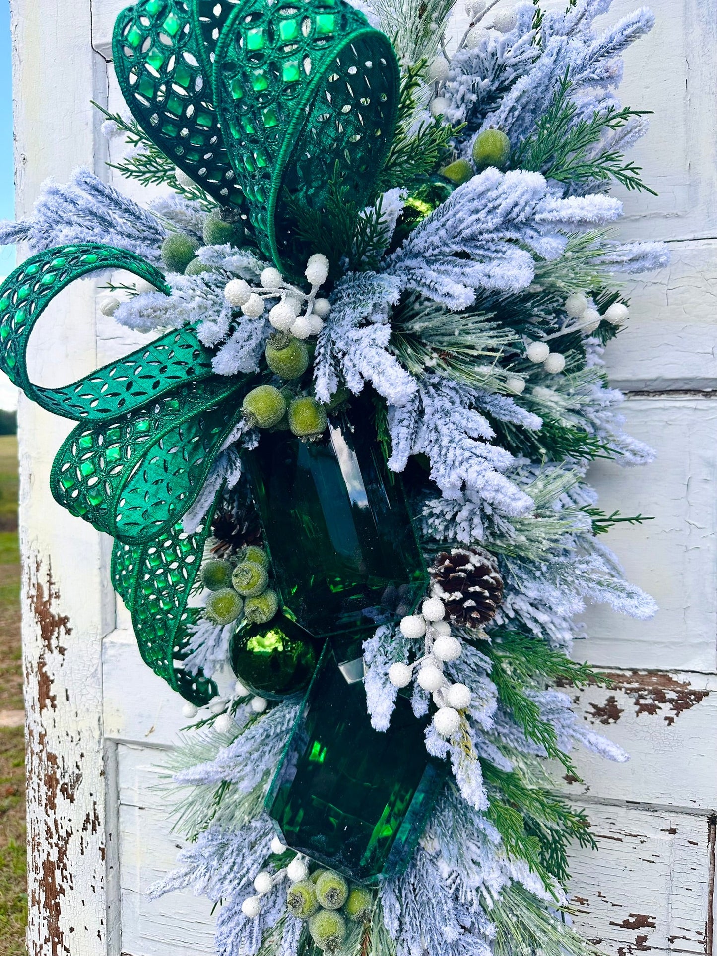 Emerald Green Jeweled Christmas Swag | Elegant Flocked Holiday Door Swag TCT Crafts