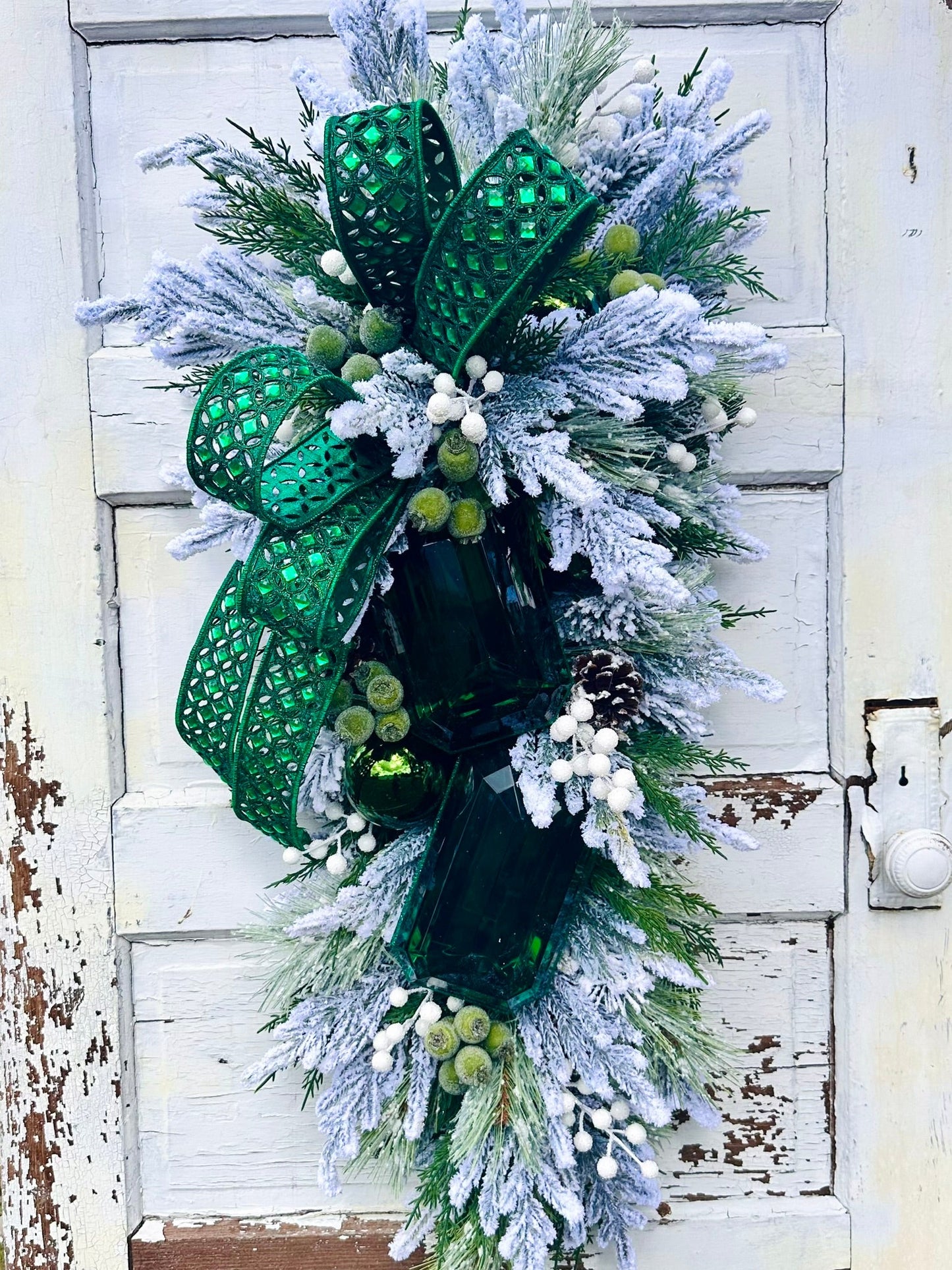 Emerald Green Jeweled Christmas Swag | Elegant Flocked Holiday Door Swag TCT Crafts