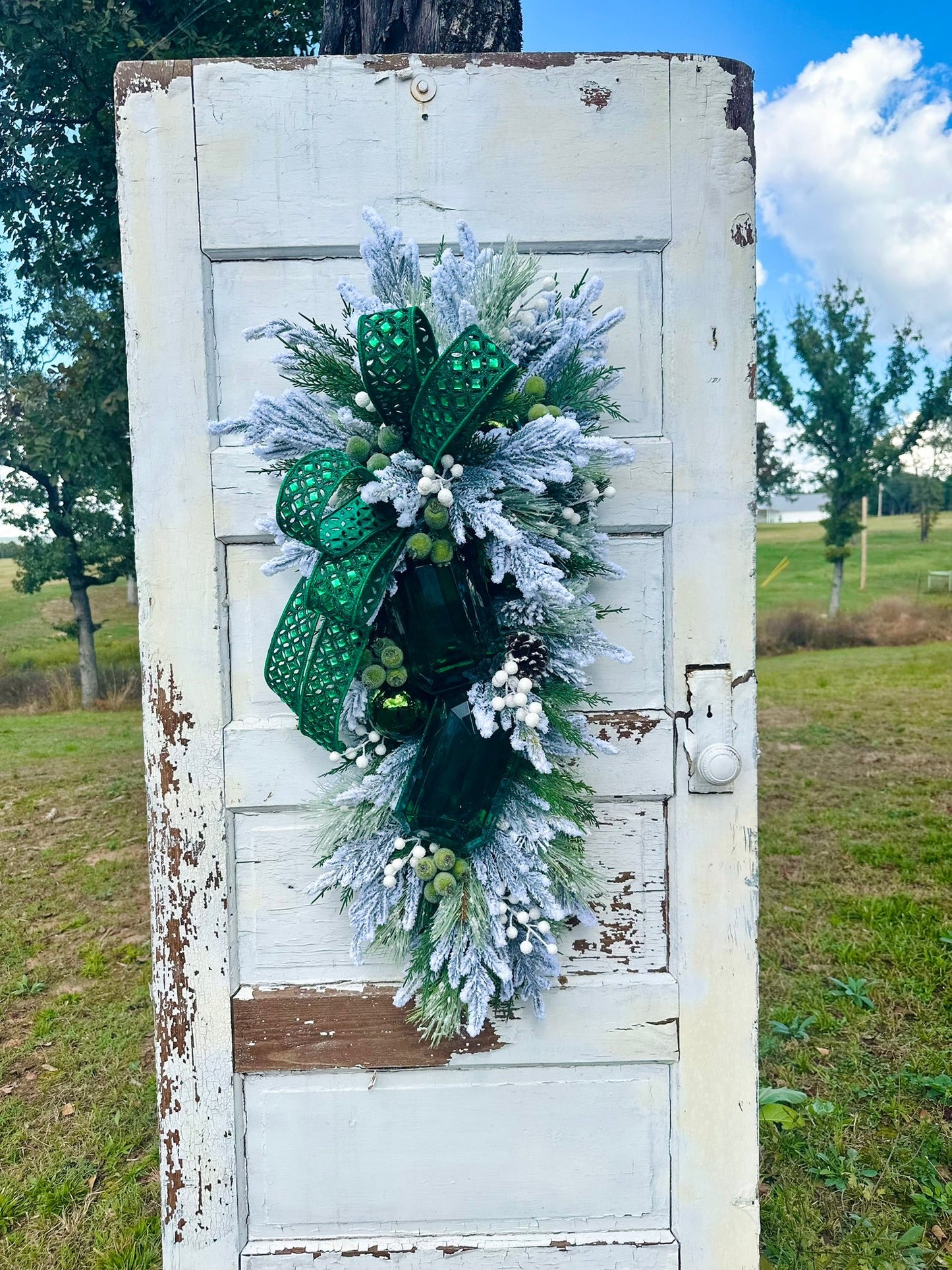 Emerald Green Jeweled Christmas Swag | Elegant Flocked Holiday Door Swag TCT Crafts
