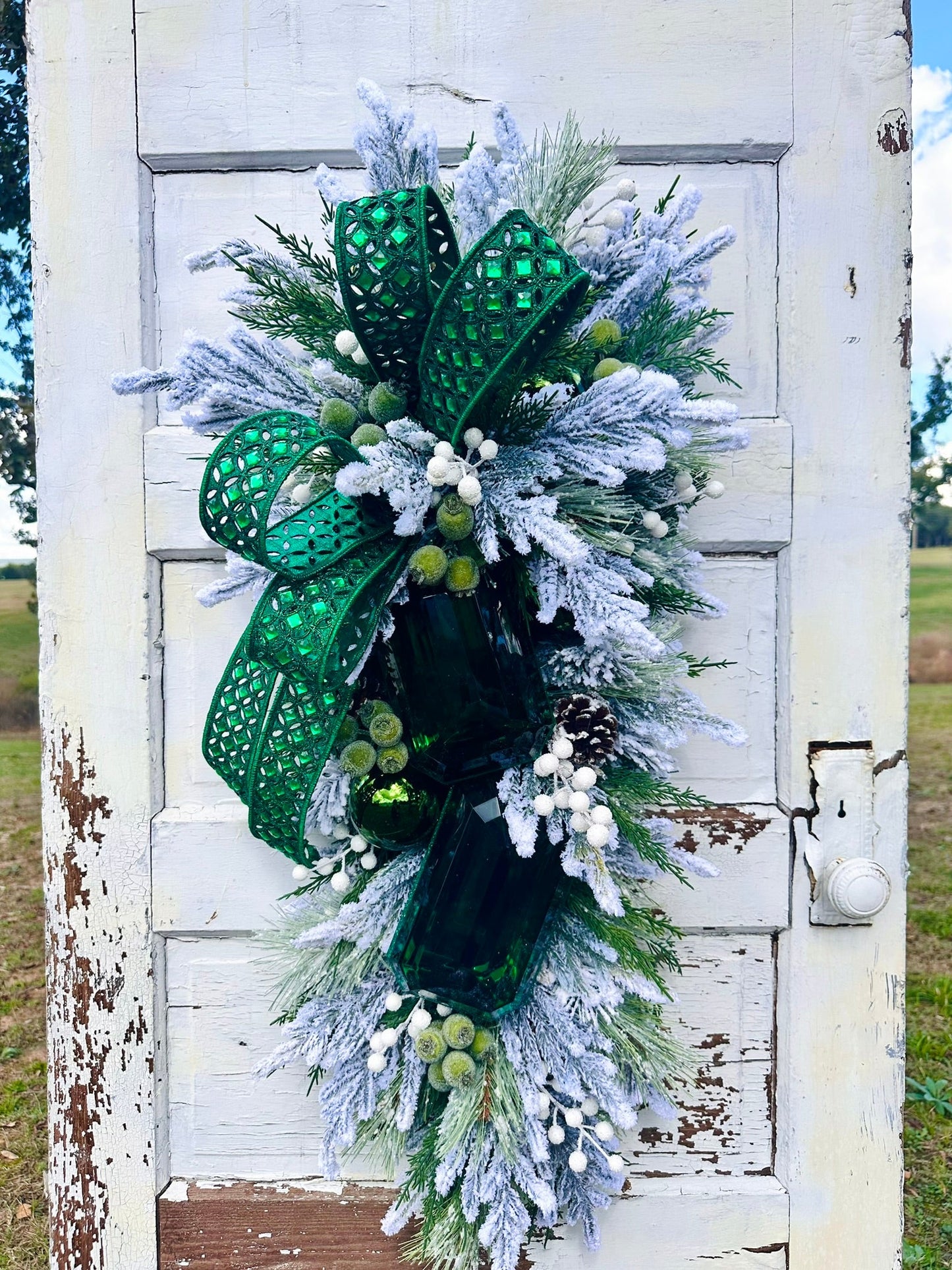 Emerald Green Jeweled Christmas Swag | Elegant Flocked Holiday Door Swag TCT Crafts