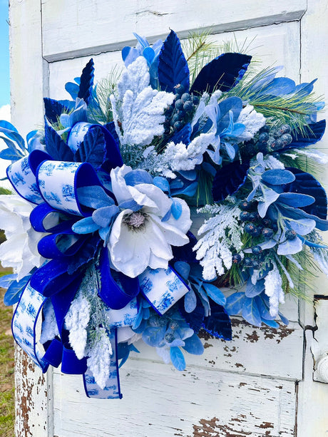 Blue Winter Magnolia Wreath – Hanukkah Wreath with White Magnolias, Blue Velvet & Farrisilk Ribbon TCT Crafts