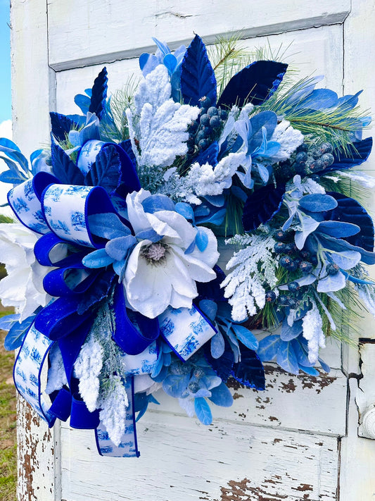 Blue Winter Magnolia Wreath – Hanukkah Wreath with White Magnolias, Blue Velvet & Farrisilk Ribbon TCT Crafts