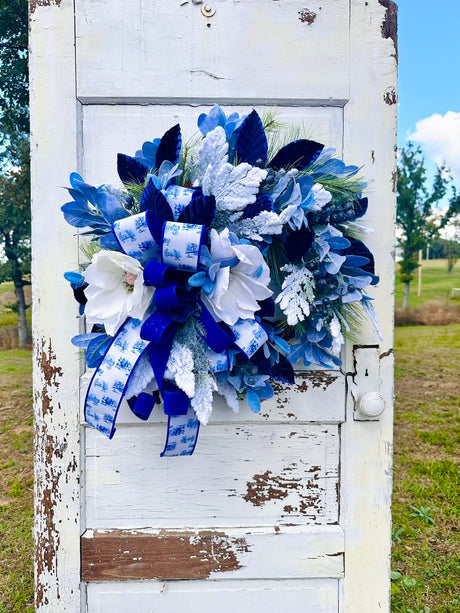 Blue Winter Magnolia Wreath – Hanukkah Wreath with White Magnolias, Blue Velvet & Farrisilk Ribbon TCT Crafts