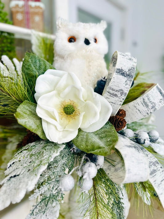 Winter Snow Owl Magnolia Candlestick Arrangement – Frosted Pine & Birch Ribbon Centerpiece | 26"x18" TCT Crafts