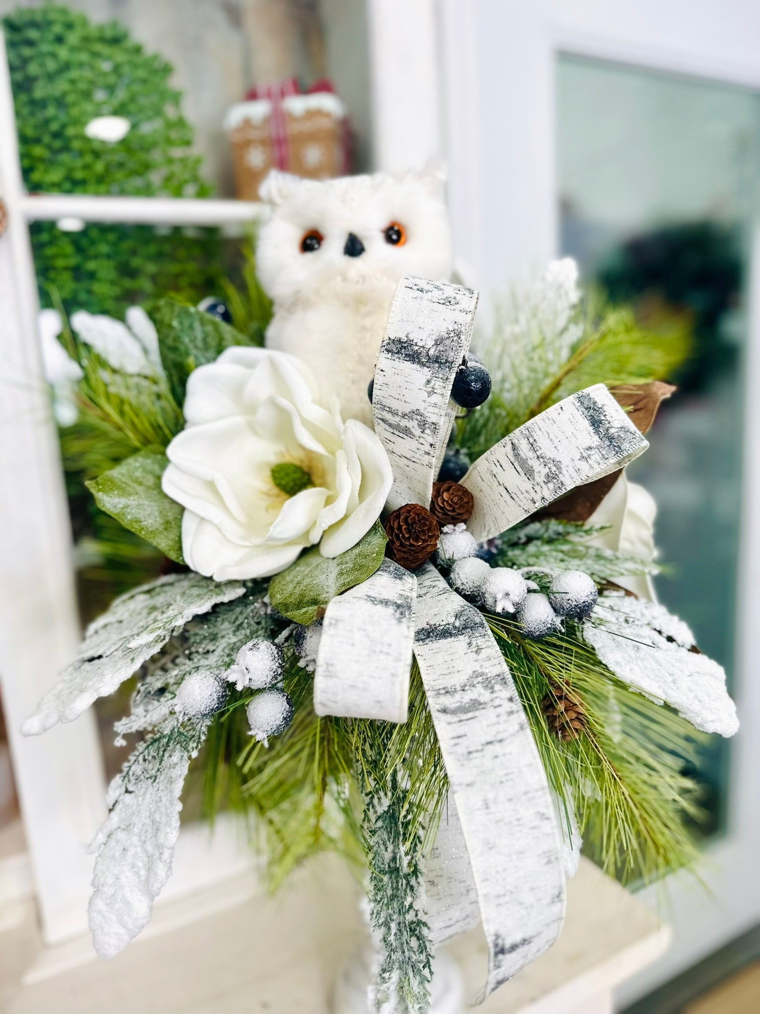 Winter Snow Owl Magnolia Candlestick Arrangement – Frosted Pine & Birch Ribbon Centerpiece | 26"x18" TCT Crafts