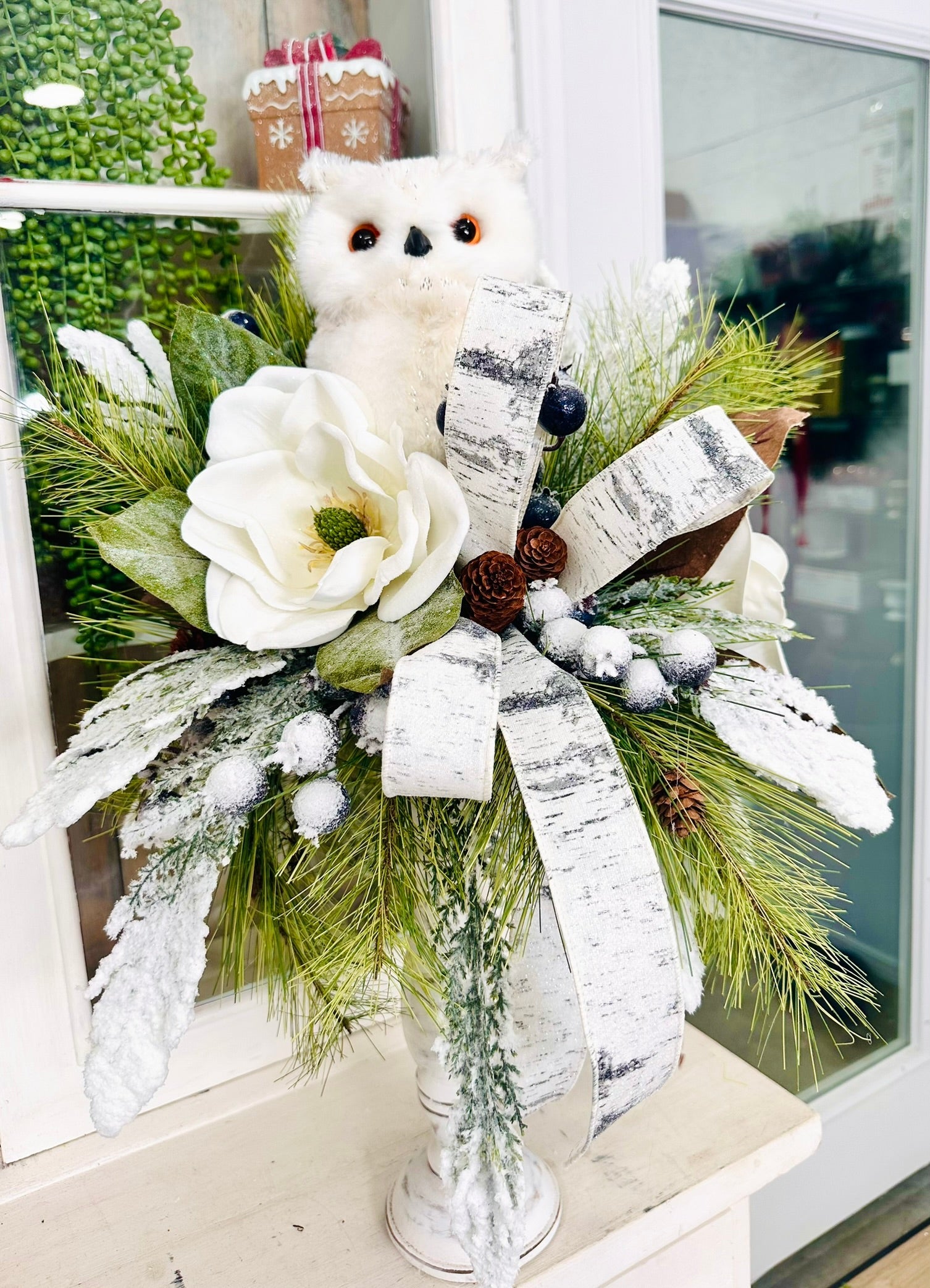 Winter Snow Owl Magnolia Candlestick Arrangement – Frosted Pine & Birch Ribbon Centerpiece | 26"x18" TCT Crafts