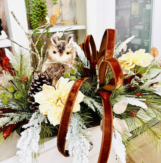 Rustic Winter Chalet Owl Centerpiece – Large Holiday Table Arrangement | Pecan Velvet & Cream Dahlias TCT Crafts