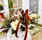 Rustic Winter Chalet Owl Centerpiece – Large Holiday Table Arrangement | Pecan Velvet & Cream Dahlias TCT Crafts