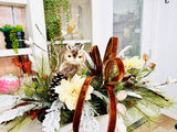 Rustic Winter Chalet Owl Centerpiece – Large Holiday Table Arrangement | Pecan Velvet & Cream Dahlias TCT Crafts