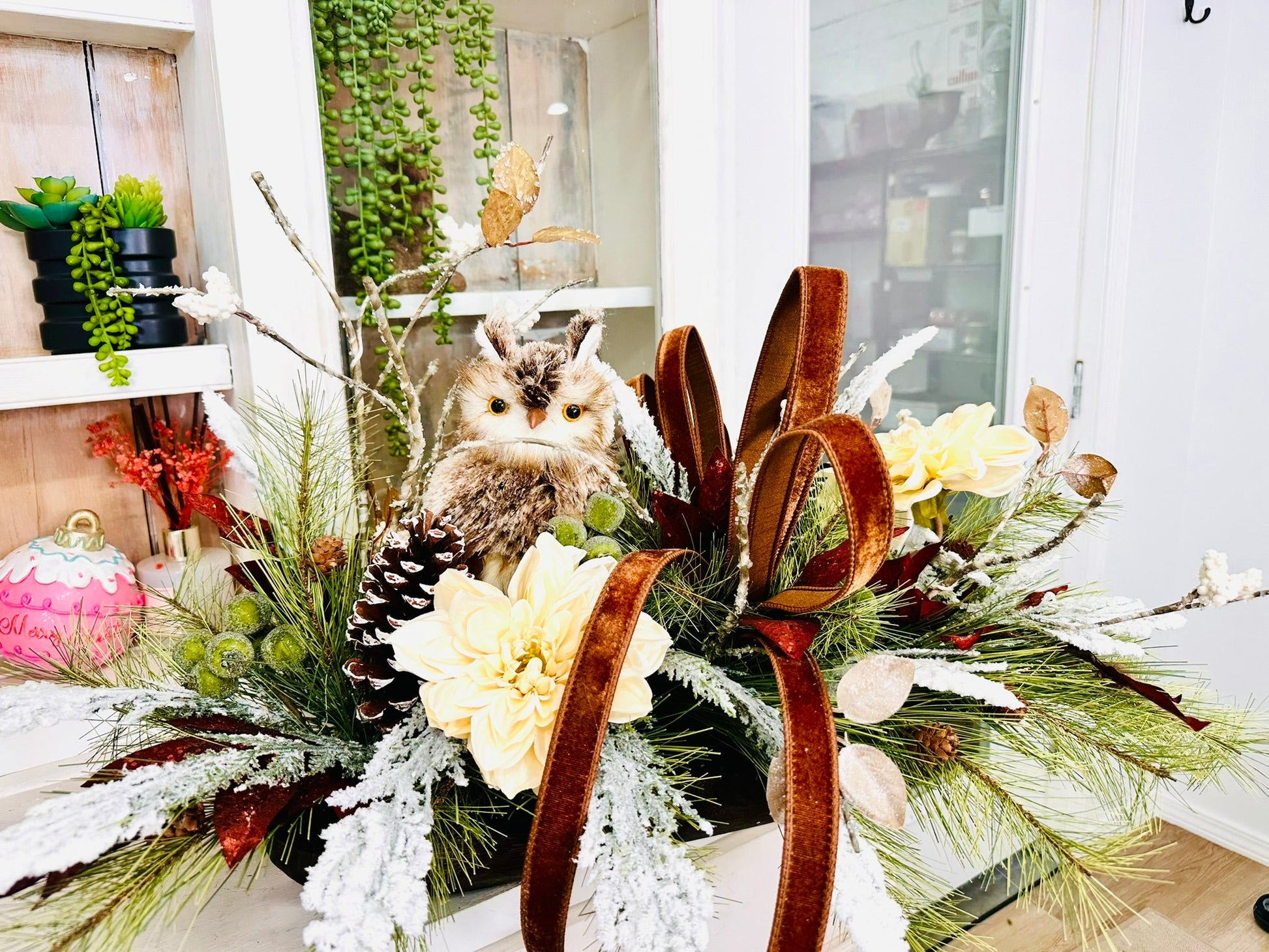 Rustic Winter Chalet Owl Centerpiece – Large Holiday Table Arrangement | Pecan Velvet & Cream Dahlias TCT Crafts