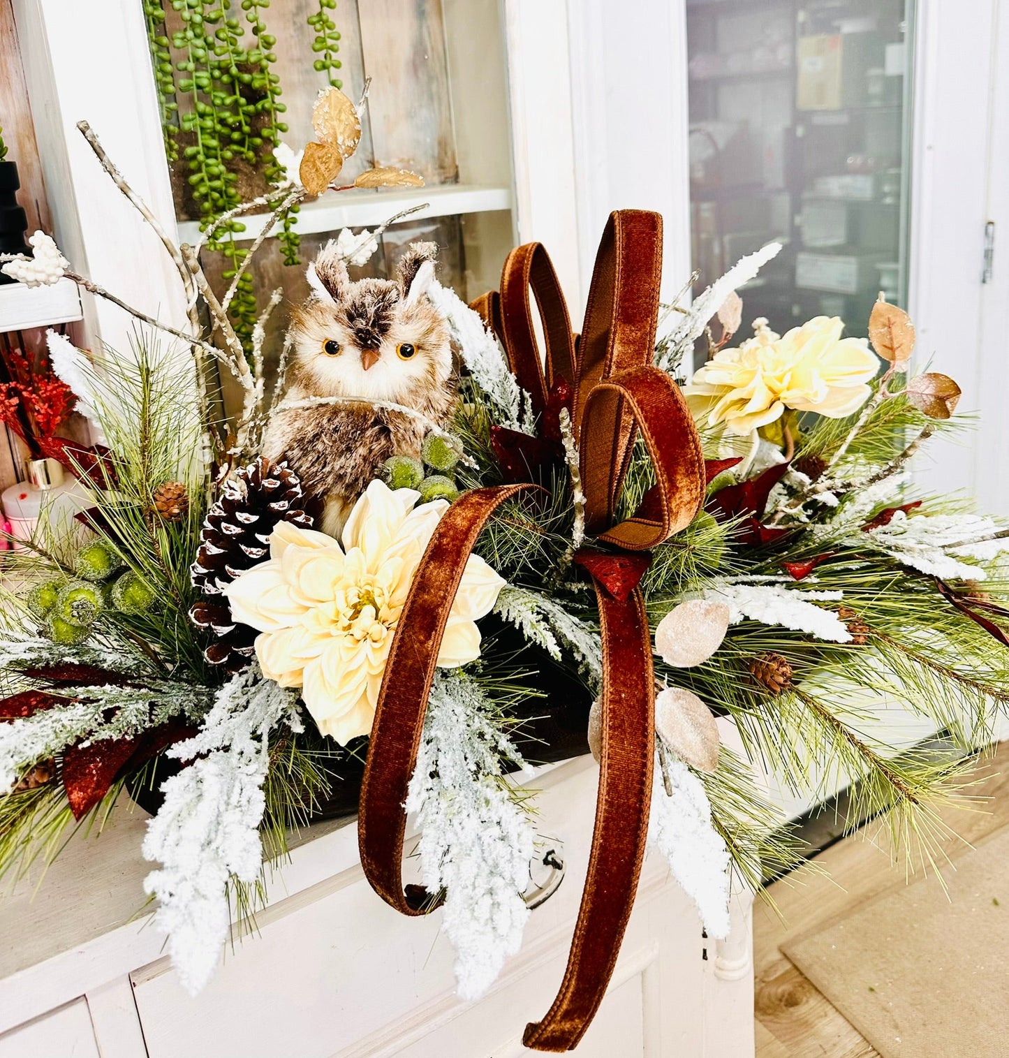 Rustic Winter Chalet Owl Centerpiece – Large Holiday Table Arrangement | Pecan Velvet & Cream Dahlias TCT Crafts