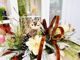 Rustic Winter Chalet Owl Centerpiece – Large Holiday Table Arrangement | Pecan Velvet & Cream Dahlias TCT Crafts