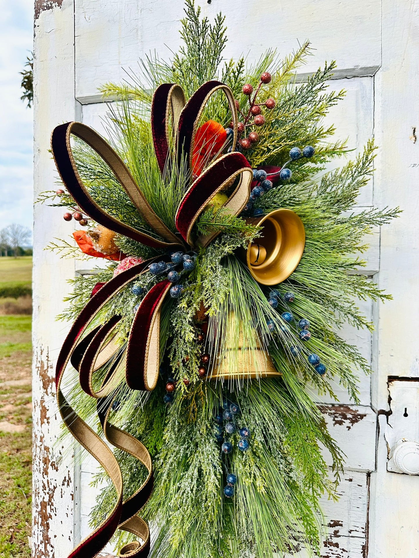 Williamsburg Christmas Swag with Gold Bells & Glittered Fruit – Elegant Holiday Door Decoration 40x24 TCT Crafts