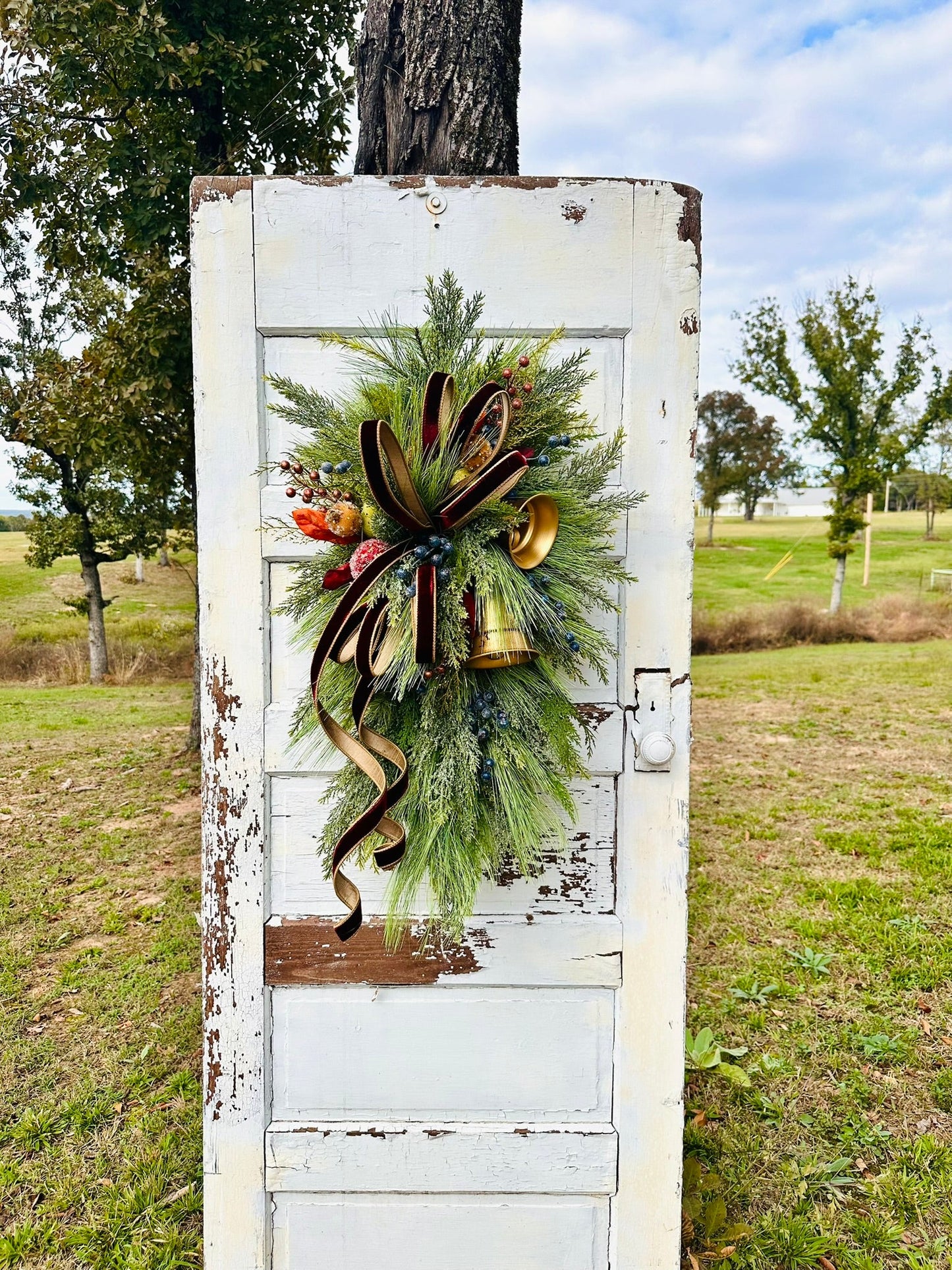 Williamsburg Christmas Swag with Gold Bells & Glittered Fruit – Elegant Holiday Door Decoration 40x24 TCT Crafts