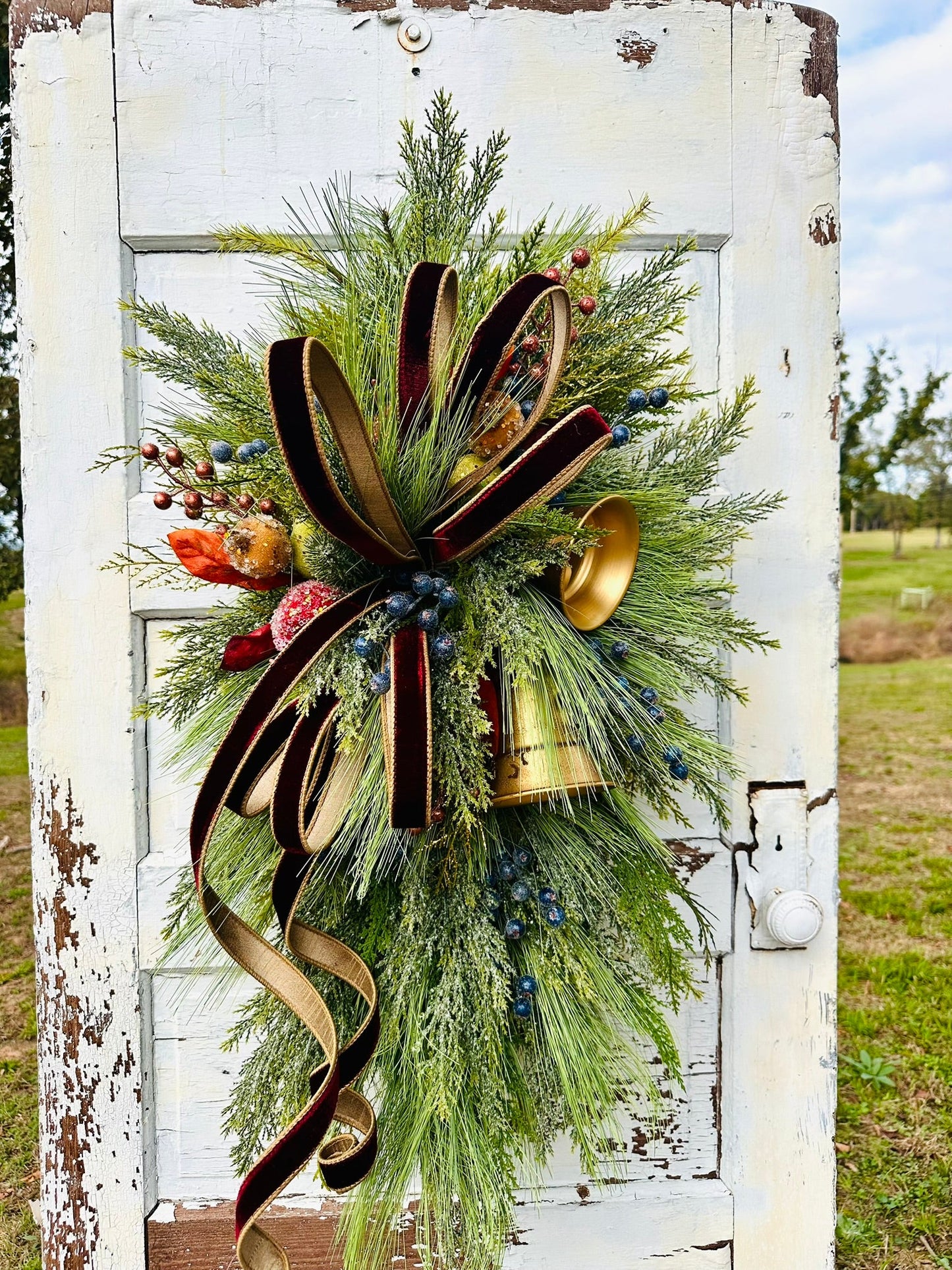 Williamsburg Christmas Swag with Gold Bells & Glittered Fruit – Elegant Holiday Door Decoration 40x24 TCT Crafts