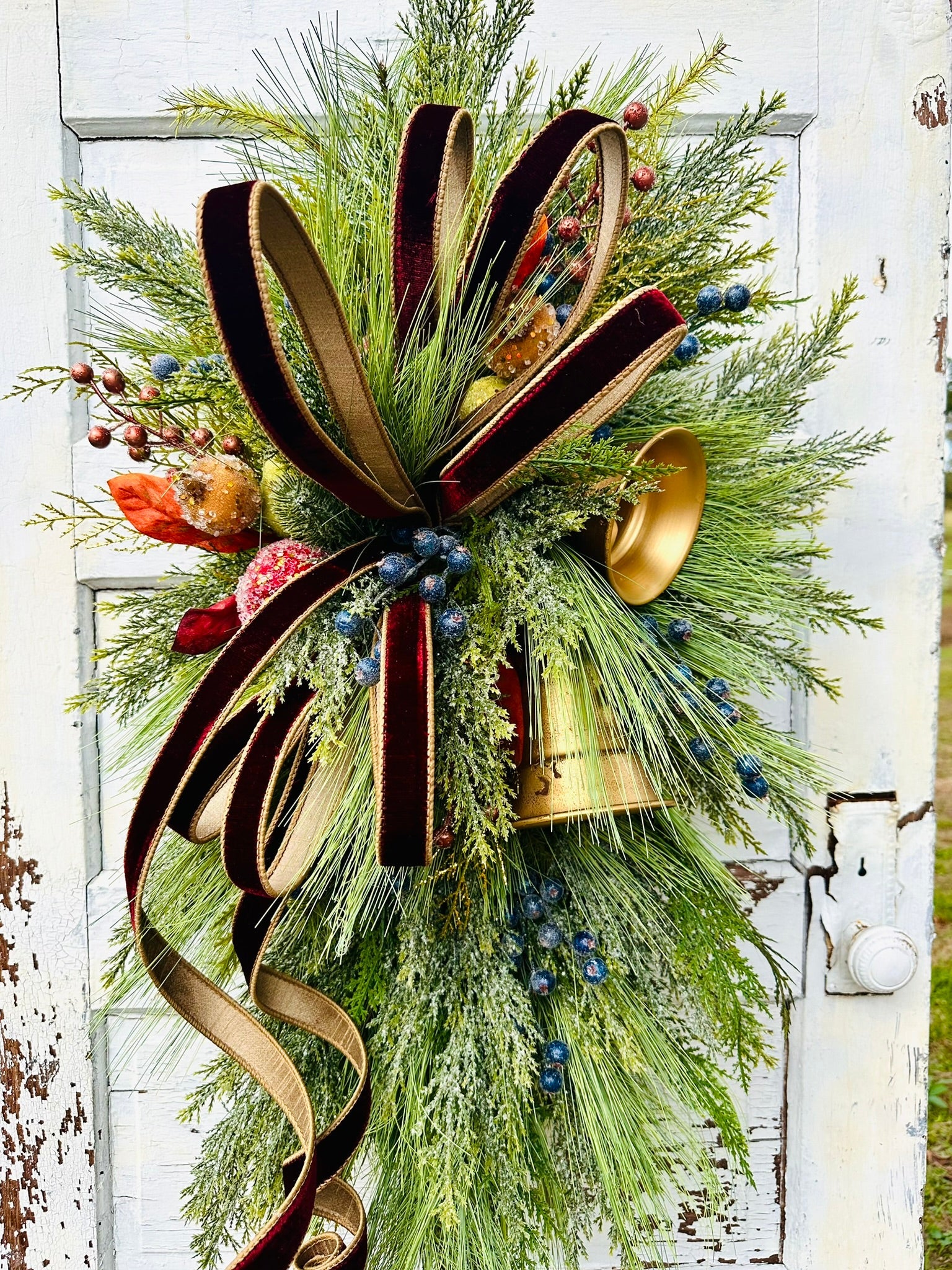 Williamsburg Christmas Swag with Gold Bells & Glittered Fruit – Elegant Holiday Door Decoration 40x24 TCT Crafts