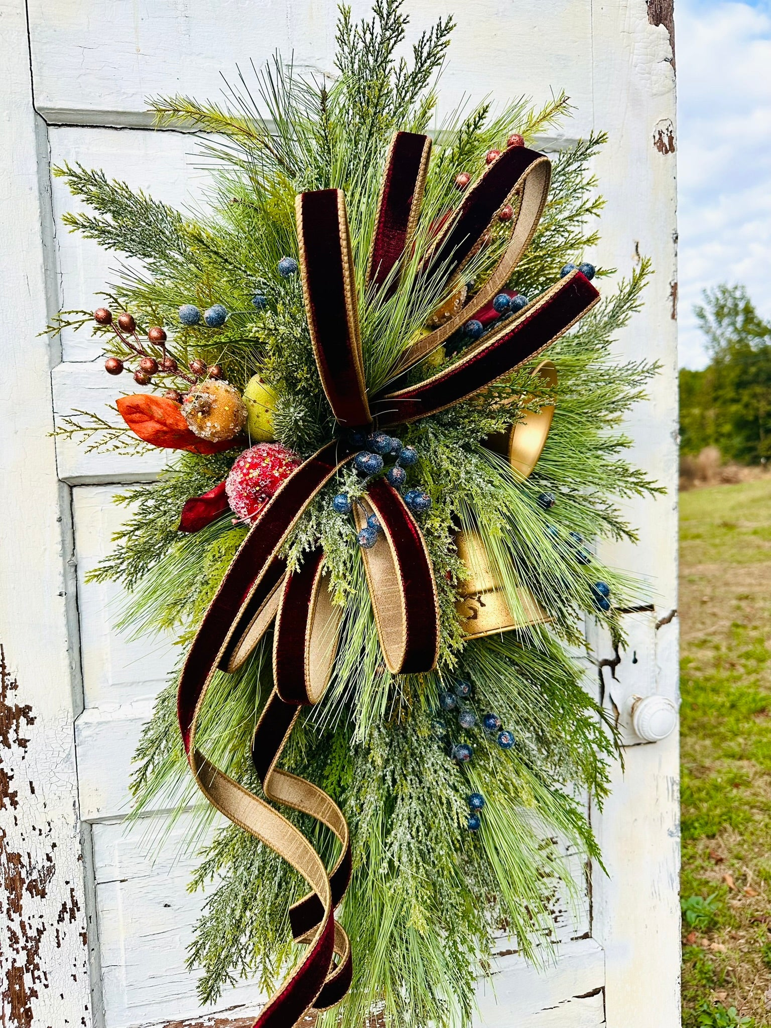 Williamsburg Christmas Swag with Gold Bells & Glittered Fruit – Elegant Holiday Door Decoration 40x24 TCT Crafts