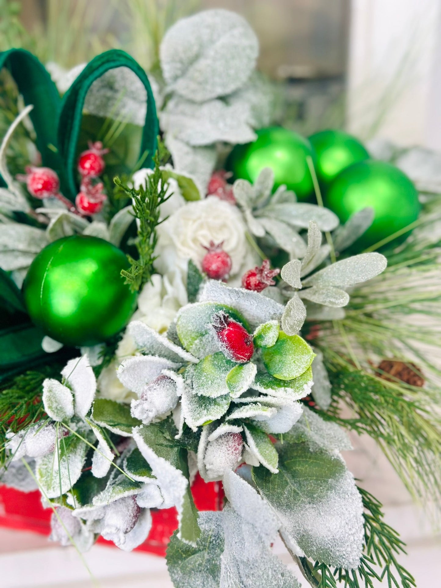 Small Christmas Arrangement in Red Wooden Box – Green Ornaments & Snowy Roses TCT Crafts