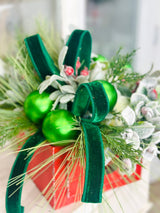 Small Christmas Arrangement in Red Wooden Box – Green Ornaments & Snowy Roses TCT Crafts