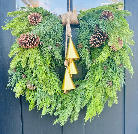 26" Mixed Evergreen Heart Wreath with Gold Agogo Bells – Natural Holiday Door Decor TCT Crafts