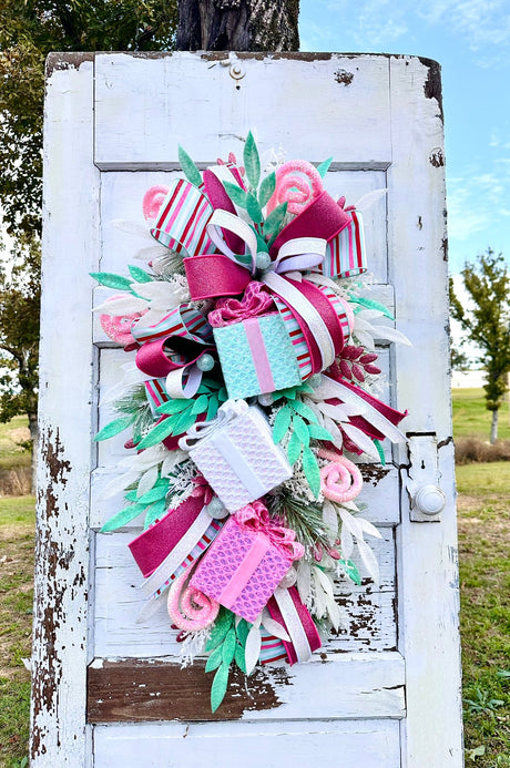 Pastel Pink & Mint Gift Box Christmas Swag – Whimsical Holiday Door Decor TCT Crafts