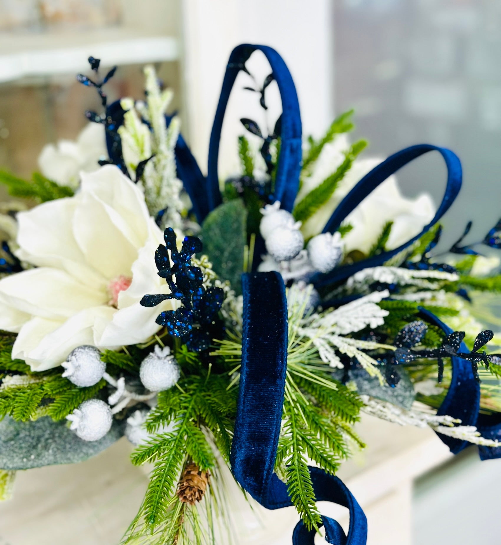 Blue Magnolia Winter Arrangement – Elegant Christmas or Hanukkah Centerpiece TCT Crafts