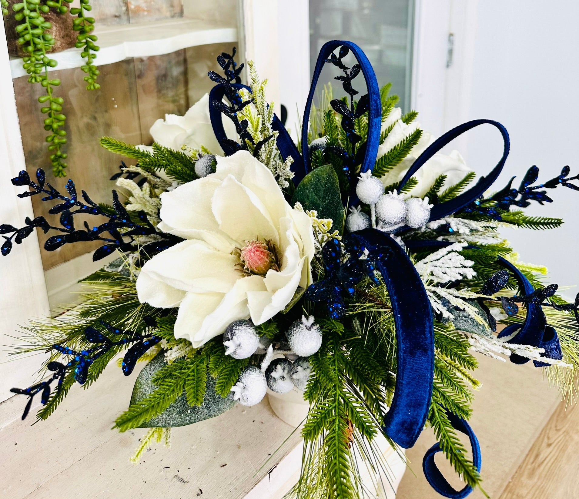 Blue Magnolia Winter Arrangement – Elegant Christmas or Hanukkah Centerpiece TCT Crafts