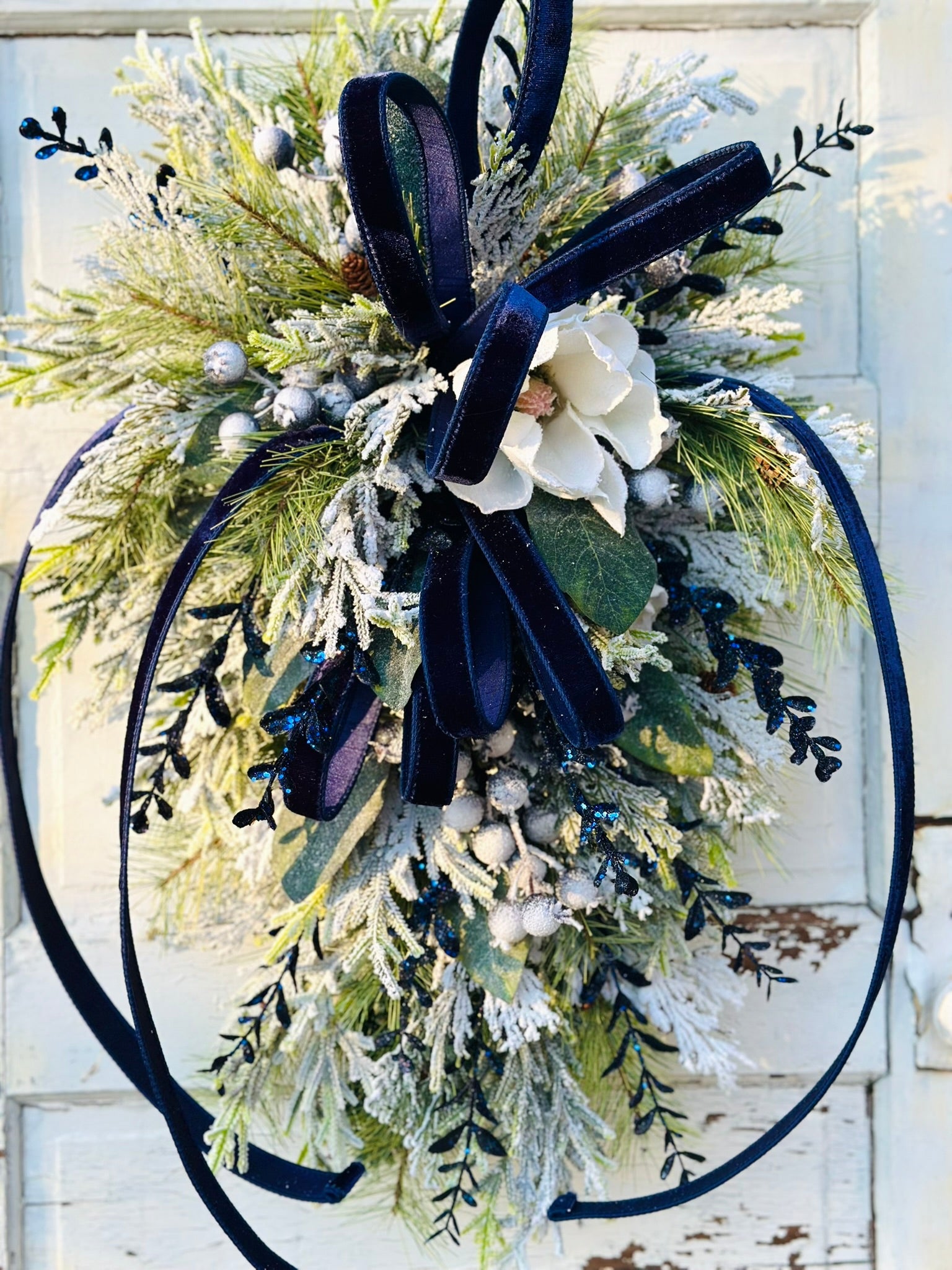 Blue Magnolia Winter Swag – Elegant Christmas or Hanukkah Door Decor TCT Crafts