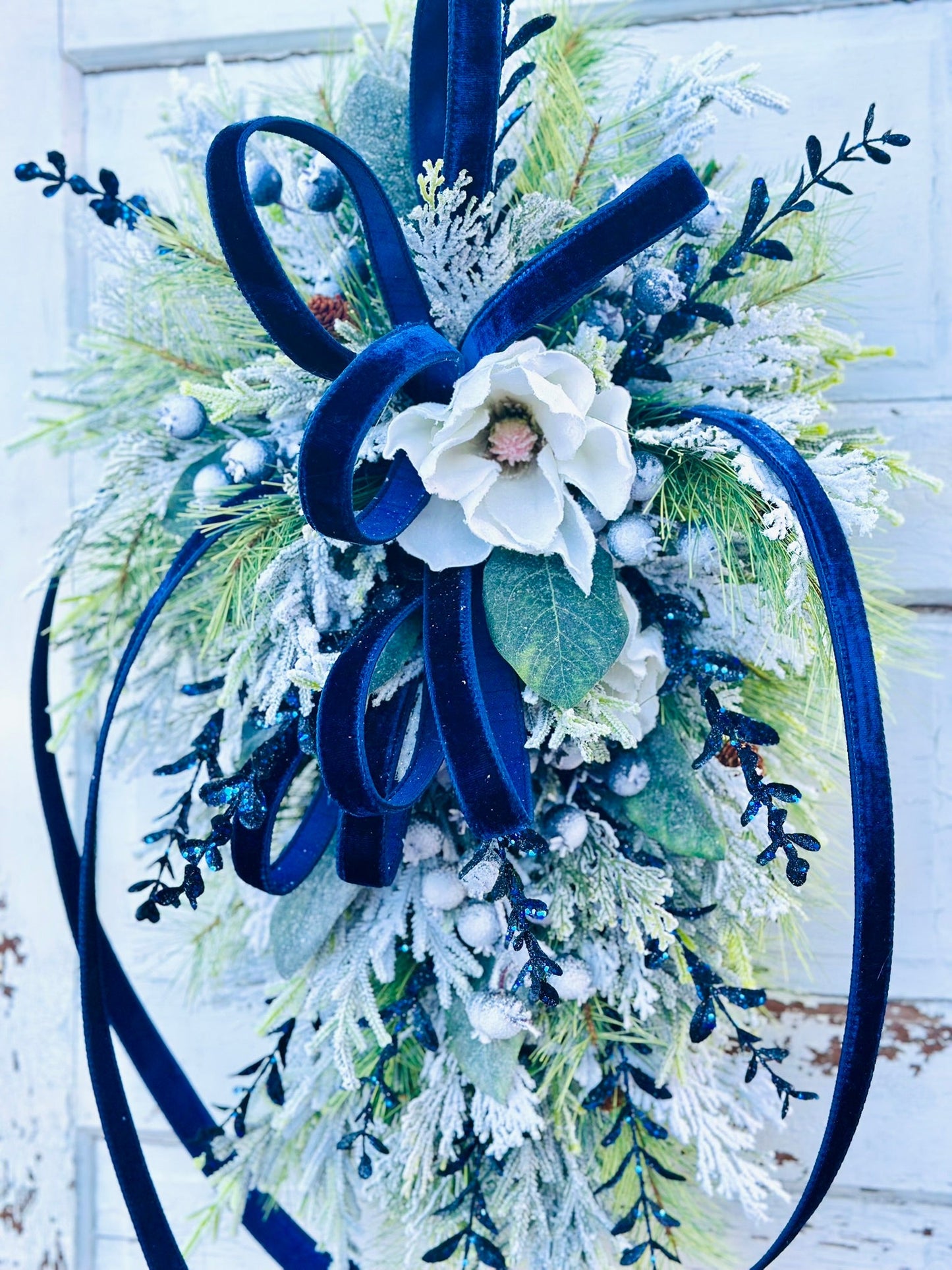 Blue Magnolia Winter Swag – Elegant Christmas or Hanukkah Door Decor TCT Crafts