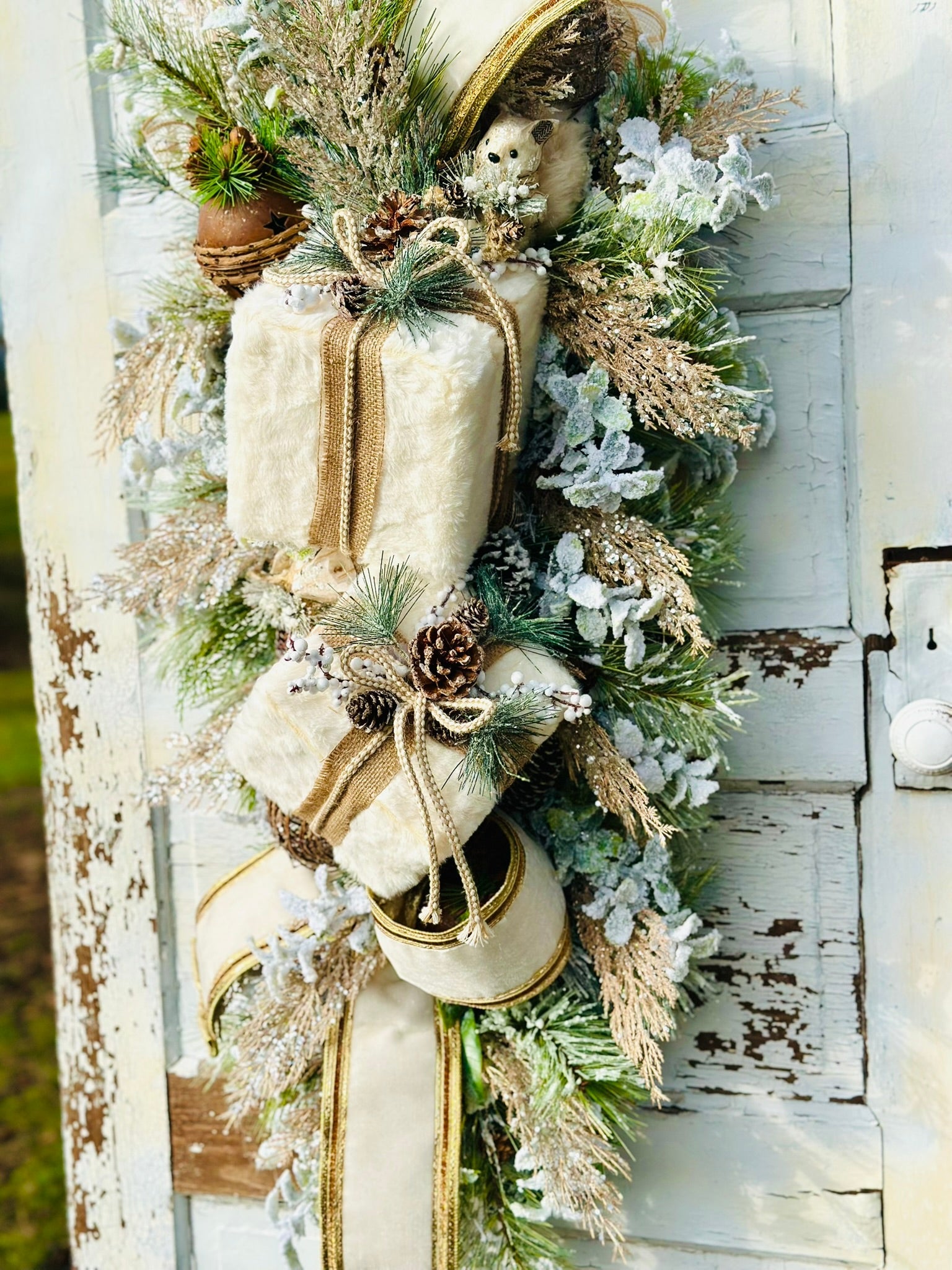 Rustic Woodlands Winter Swag | Faux Fur Gift Box Christmas Door Decor TCT Crafts