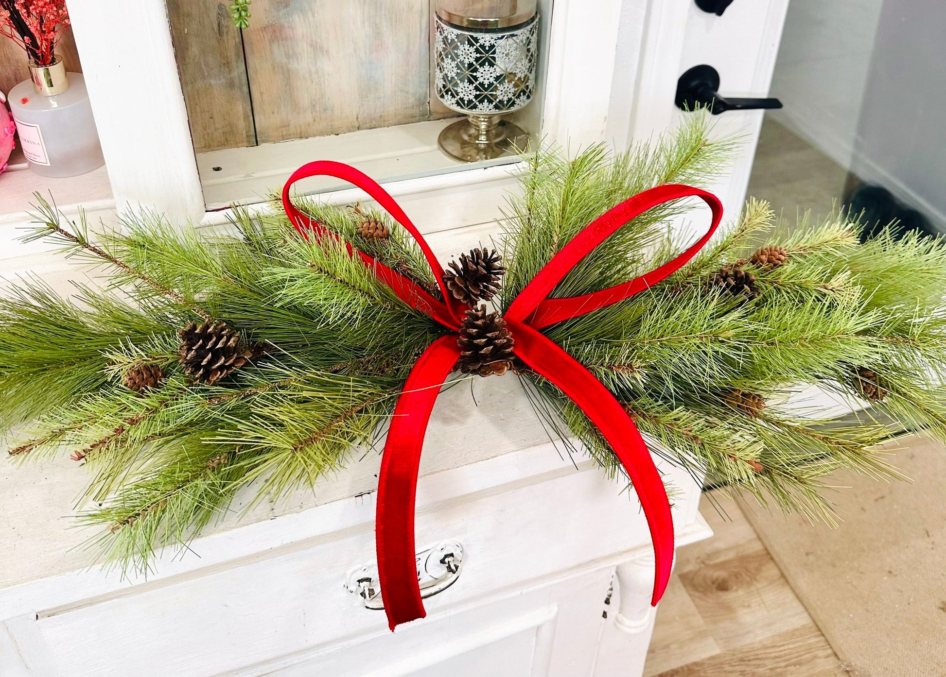 Simple Pine Centerpiece or Door Swag with Red Bow – Classic Christmas Decor TCTCrafts