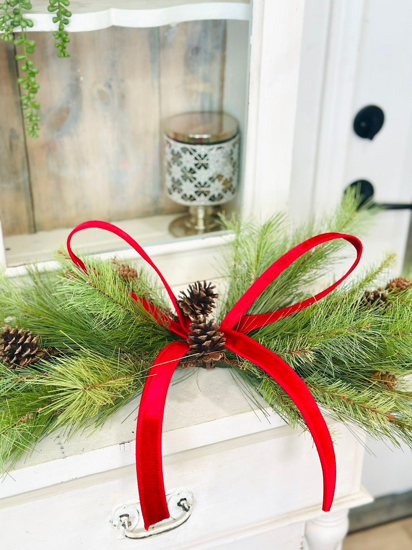 Simple Pine Centerpiece or Door Swag with Red Bow – Classic Christmas Decor TCTCrafts
