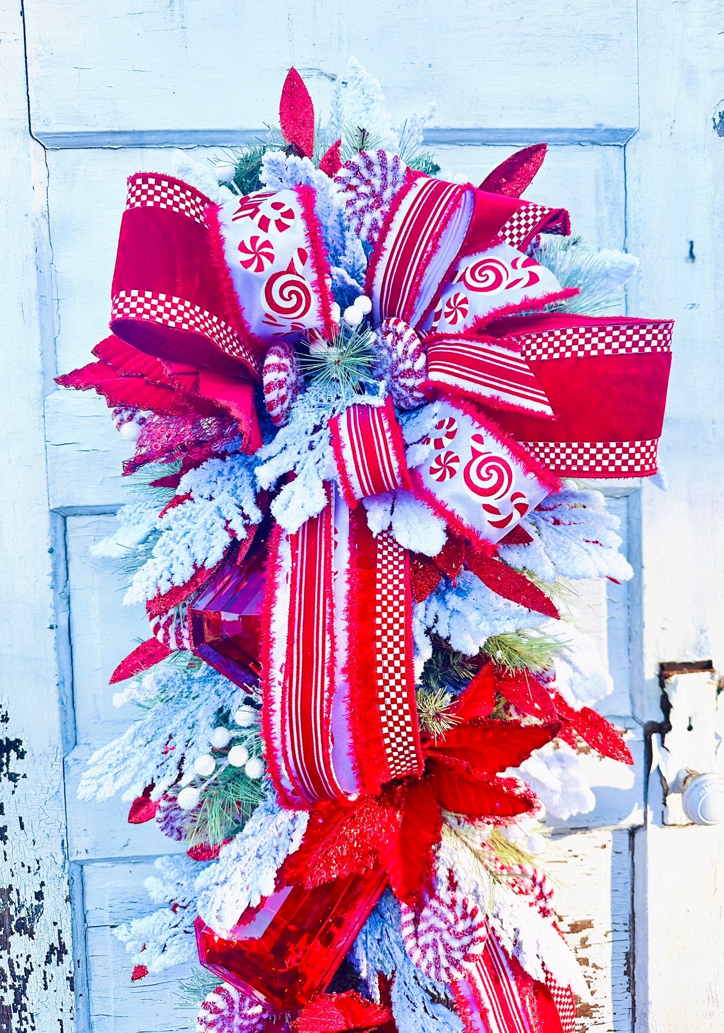 XL Peppermint Christmas Swag | Red Velvet Holiday Door Swag with Ornaments & Designer Ribbon TCT Crafts
