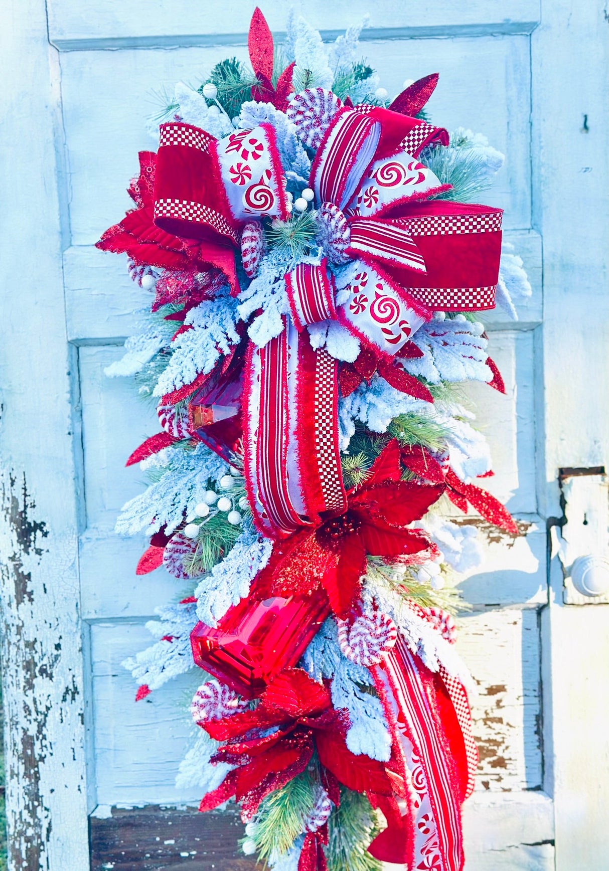 XL Peppermint Christmas Swag | Red Velvet Holiday Door Swag with Ornaments & Designer Ribbon TCT Crafts