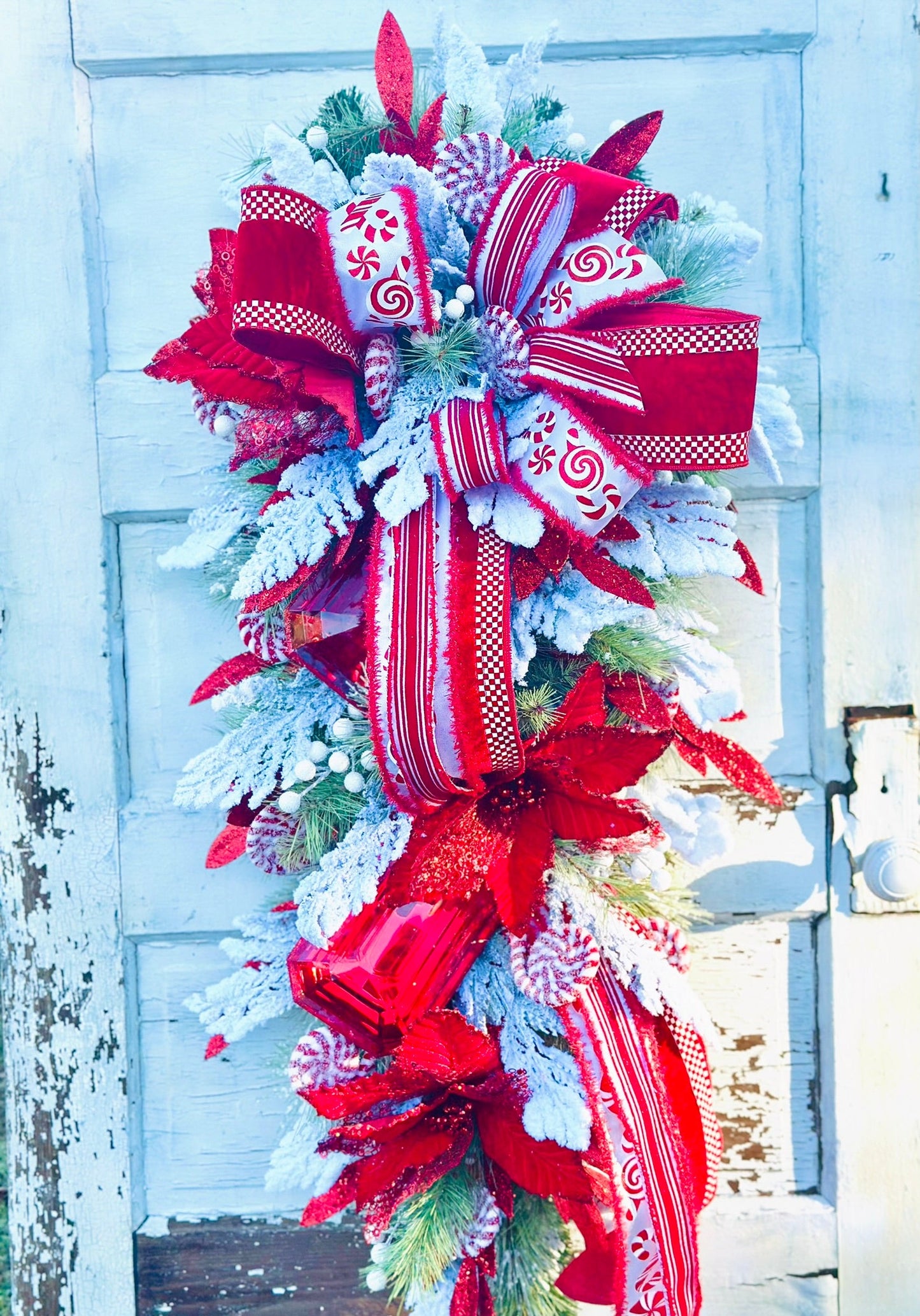 XL Peppermint Christmas Swag | Red Velvet Holiday Door Swag with Ornaments & Designer Ribbon TCT Crafts