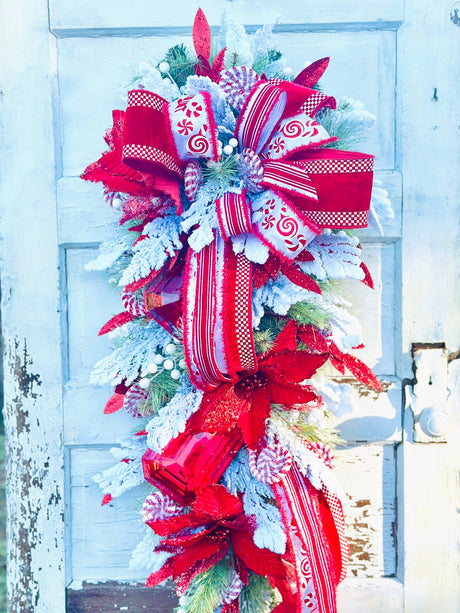 XL Peppermint Christmas Swag | Red Velvet Holiday Door Swag with Ornaments & Designer Ribbon TCT Crafts