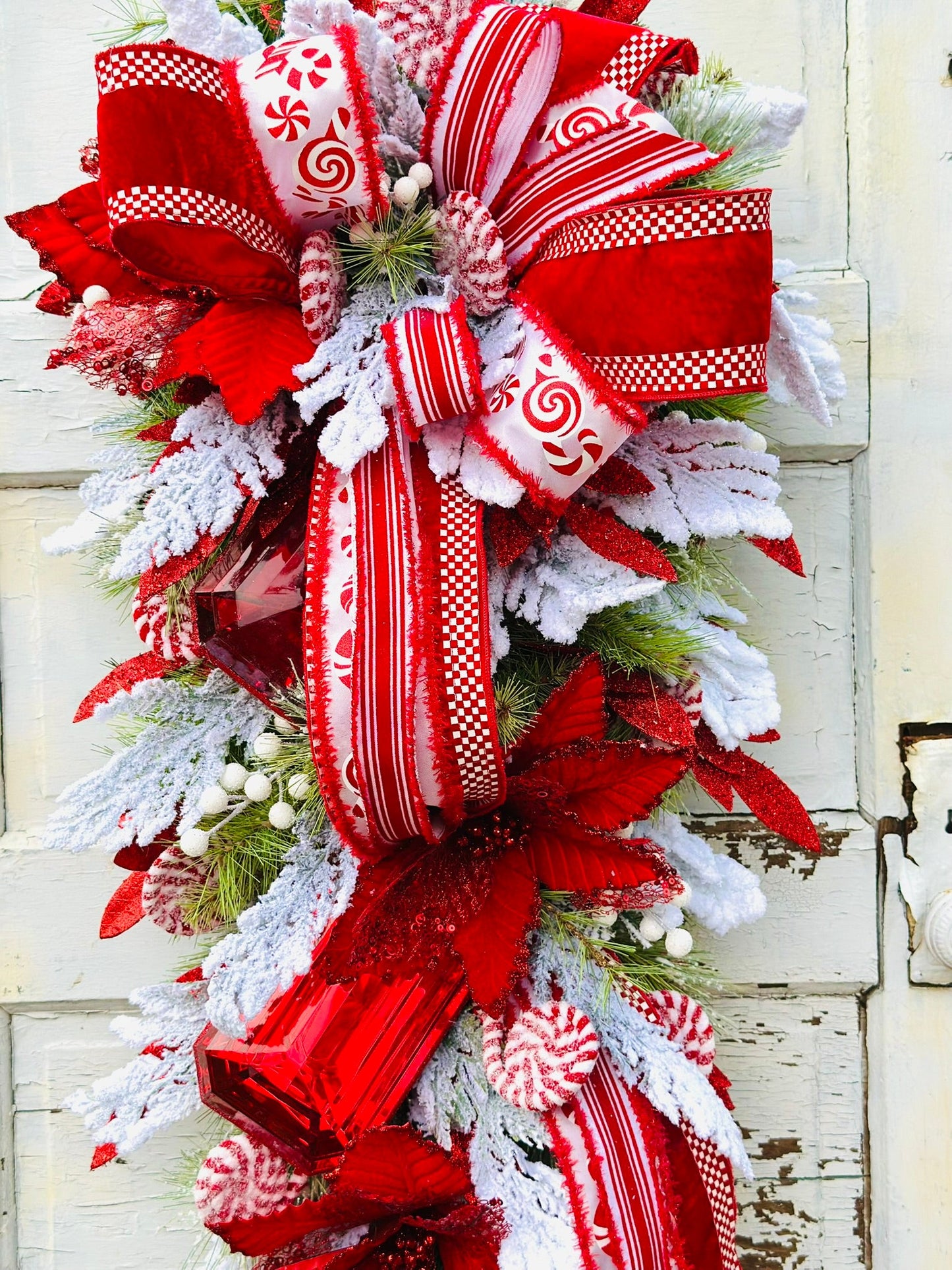 XL Peppermint Christmas Swag | Red Velvet Holiday Door Swag with Ornaments & Designer Ribbon TCT Crafts