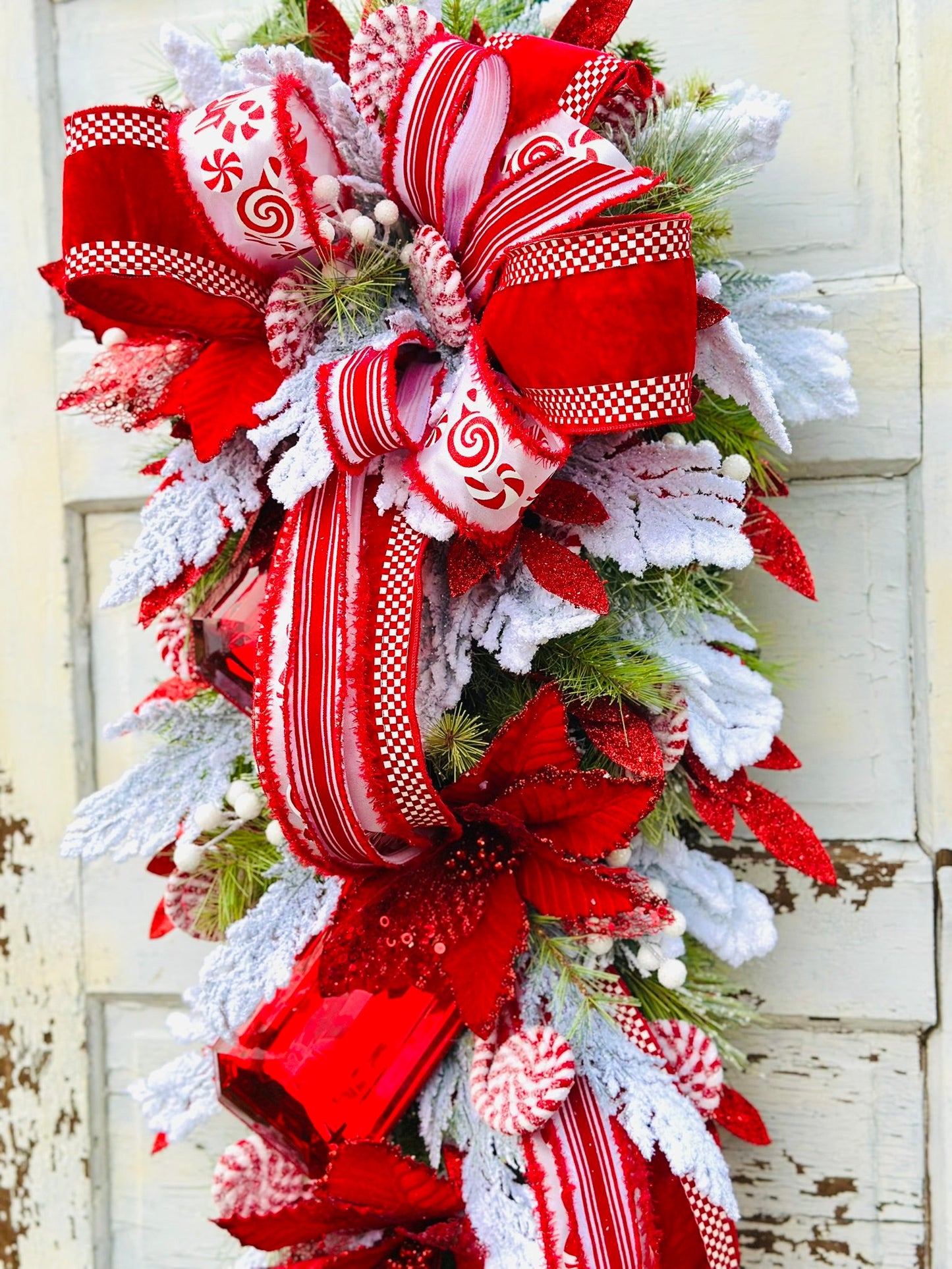 XL Peppermint Christmas Swag | Red Velvet Holiday Door Swag with Ornaments & Designer Ribbon TCT Crafts