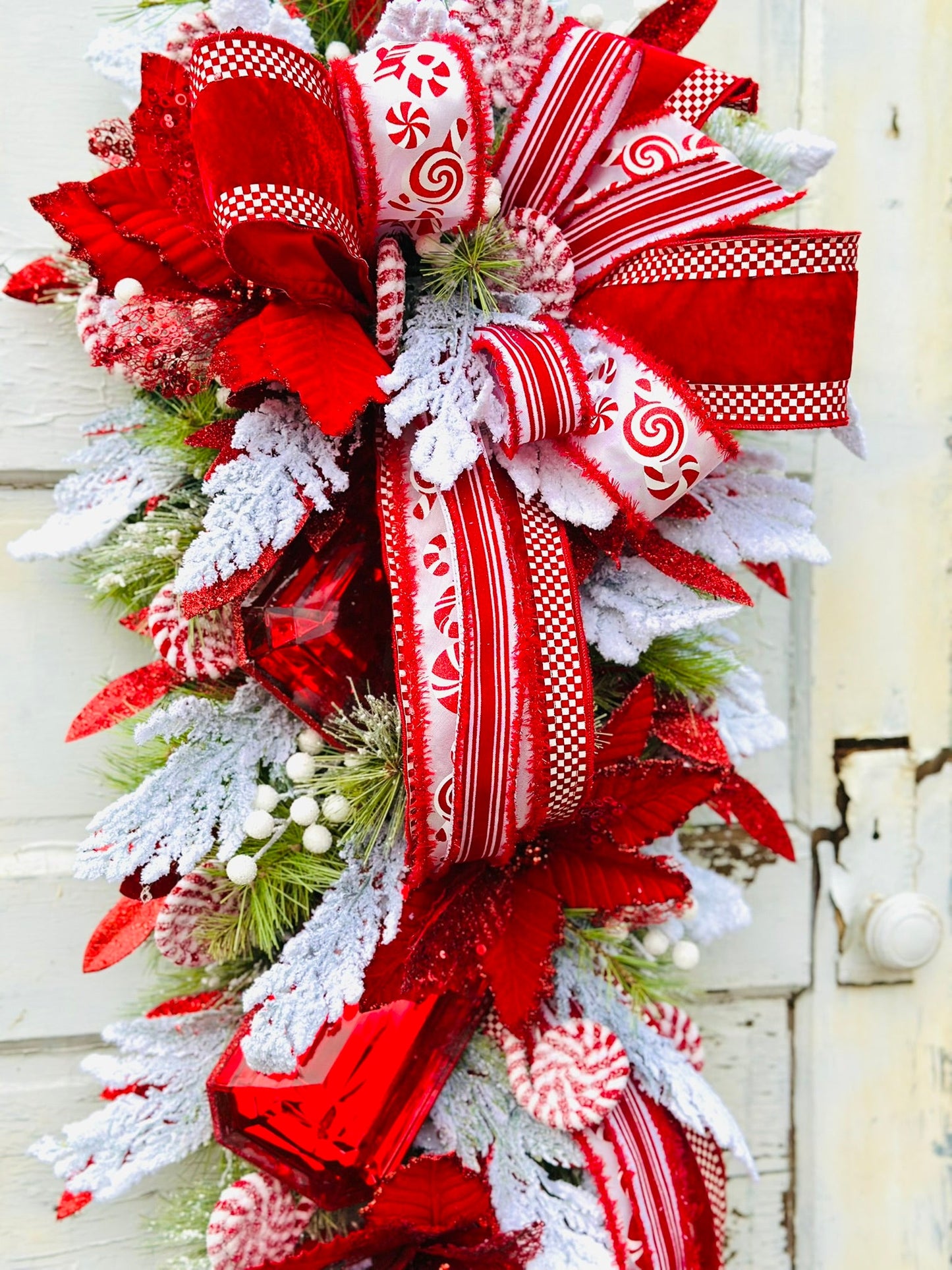 XL Peppermint Christmas Swag | Red Velvet Holiday Door Swag with Ornaments & Designer Ribbon TCT Crafts