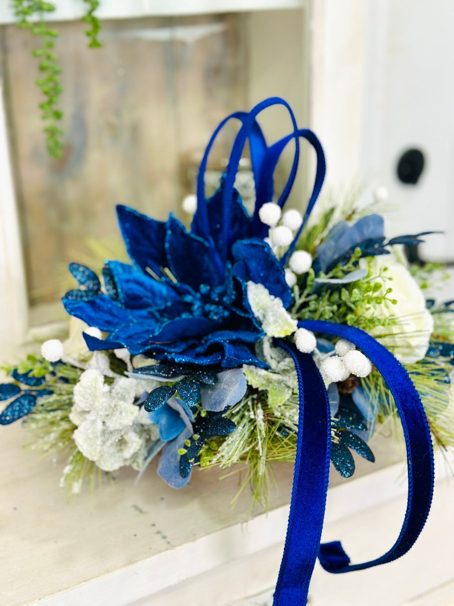 Blue & White Holiday Arrangement in Wooden Dough Bowl | Farmhouse Winter Centerpiece TCT Crafts