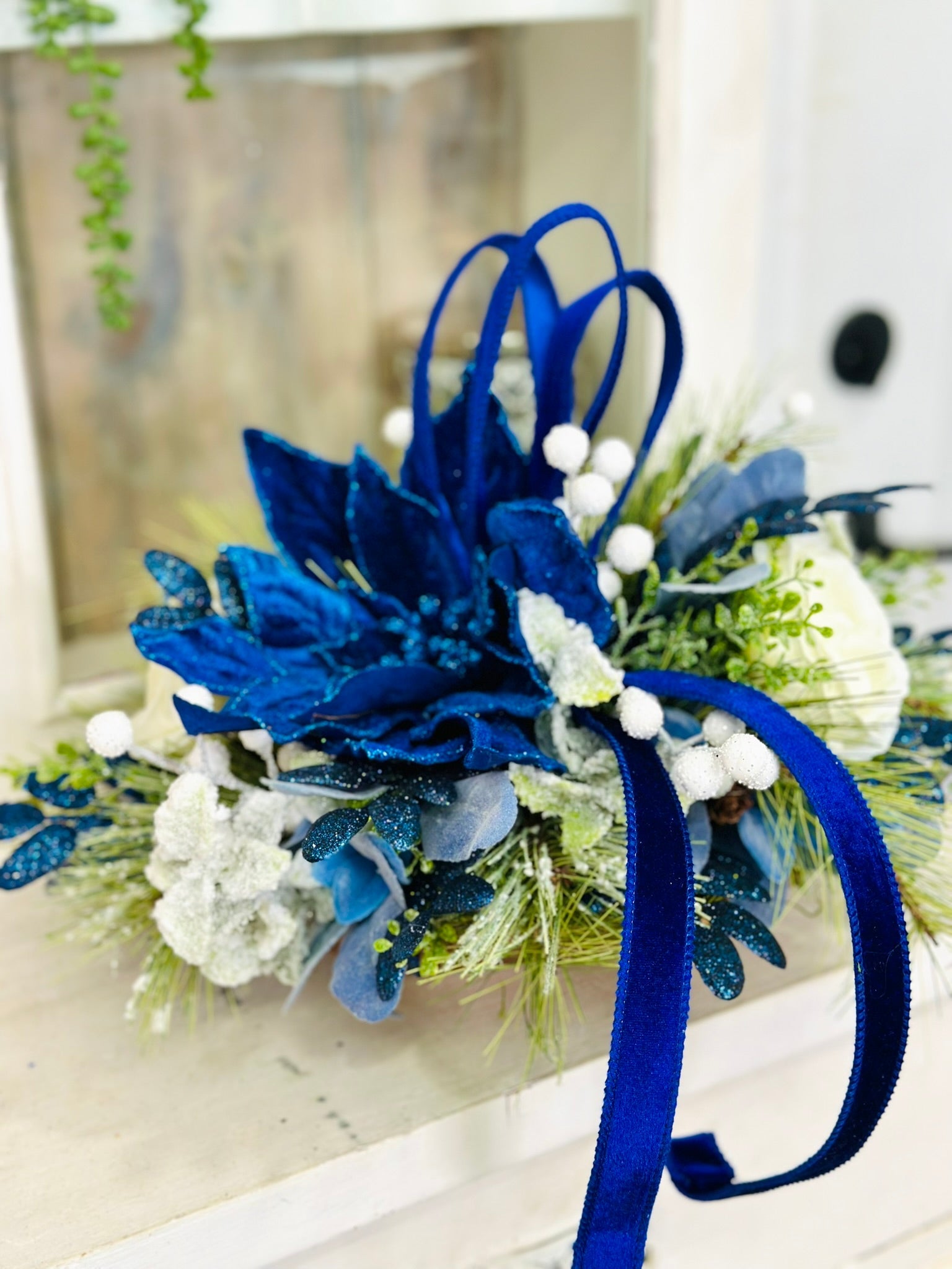 Blue & White Holiday Arrangement in Wooden Dough Bowl | Farmhouse Winter Centerpiece TCT Crafts