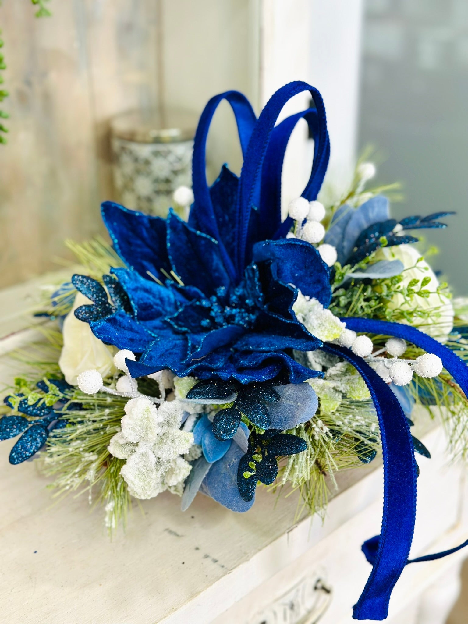 Blue & White Holiday Arrangement in Wooden Dough Bowl | Farmhouse Winter Centerpiece TCT Crafts