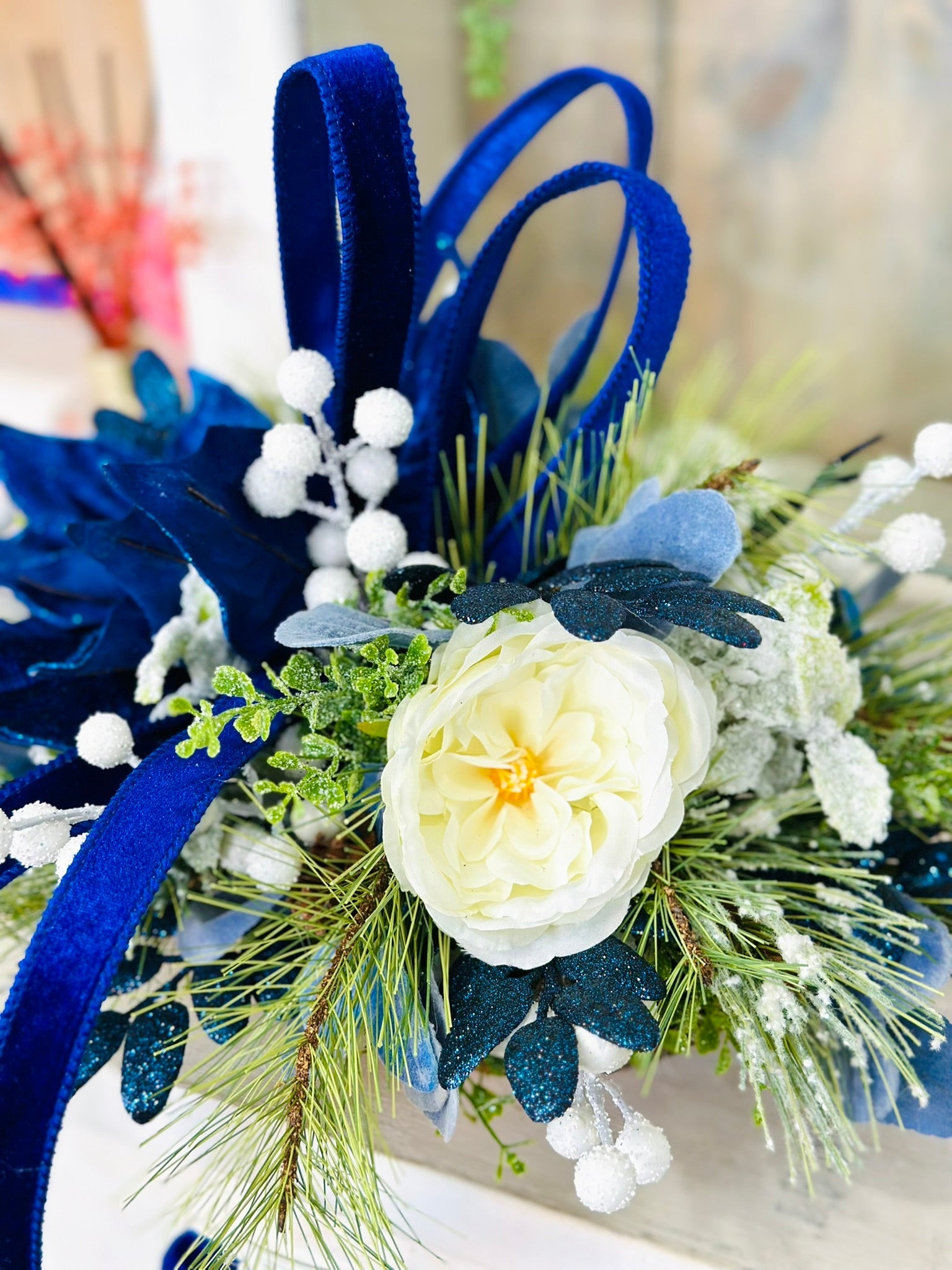 Blue & White Holiday Arrangement in Wooden Dough Bowl | Farmhouse Winter Centerpiece TCT Crafts