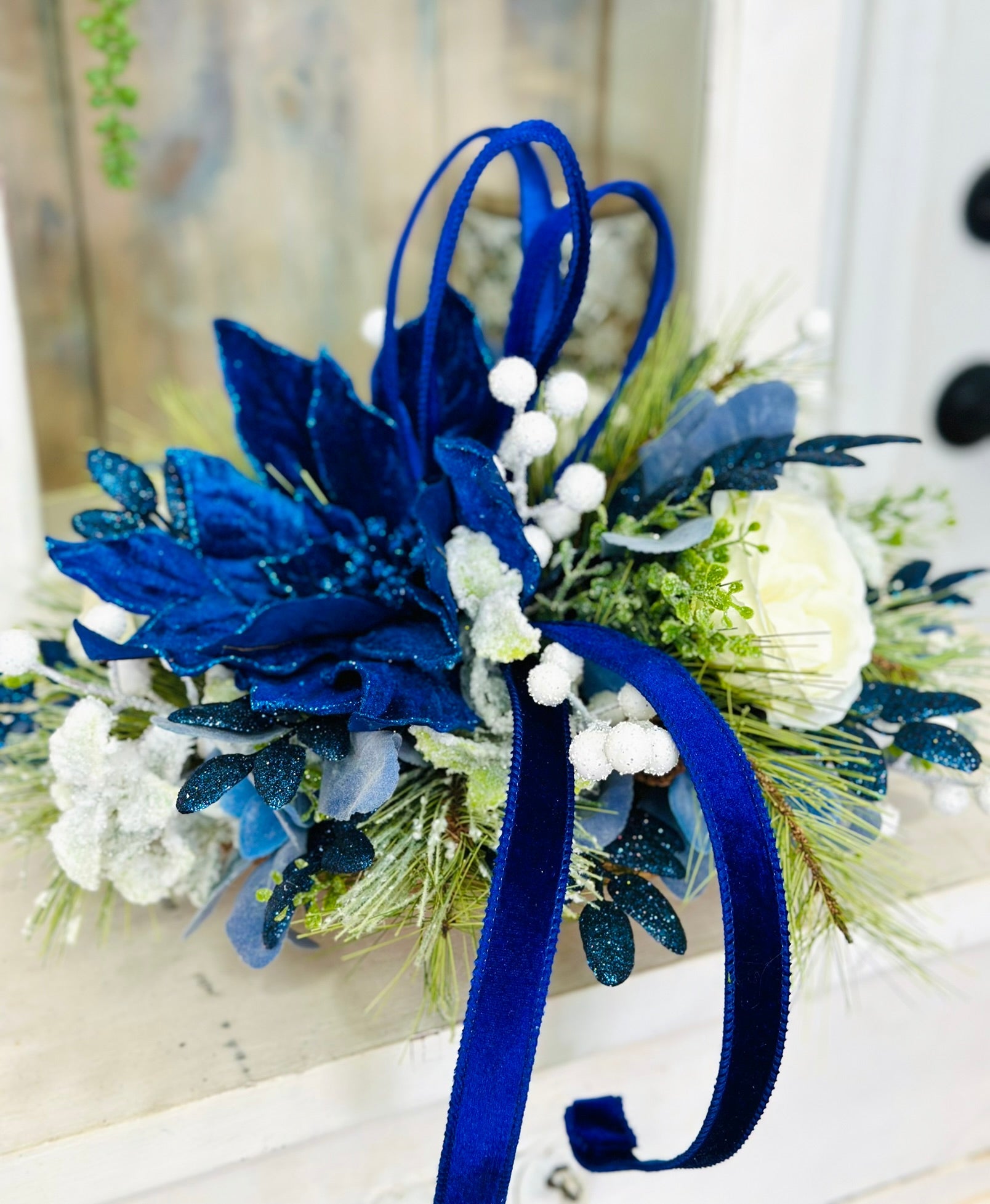 Blue & White Holiday Arrangement in Wooden Dough Bowl | Farmhouse Winter Centerpiece TCT Crafts