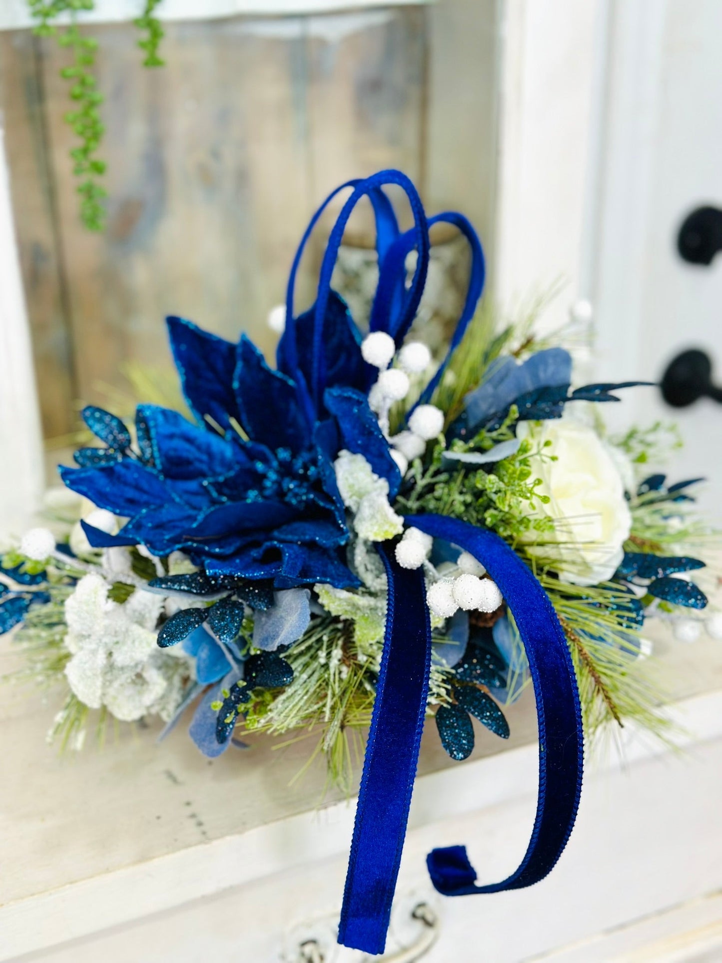 Blue & White Holiday Arrangement in Wooden Dough Bowl | Farmhouse Winter Centerpiece TCT Crafts