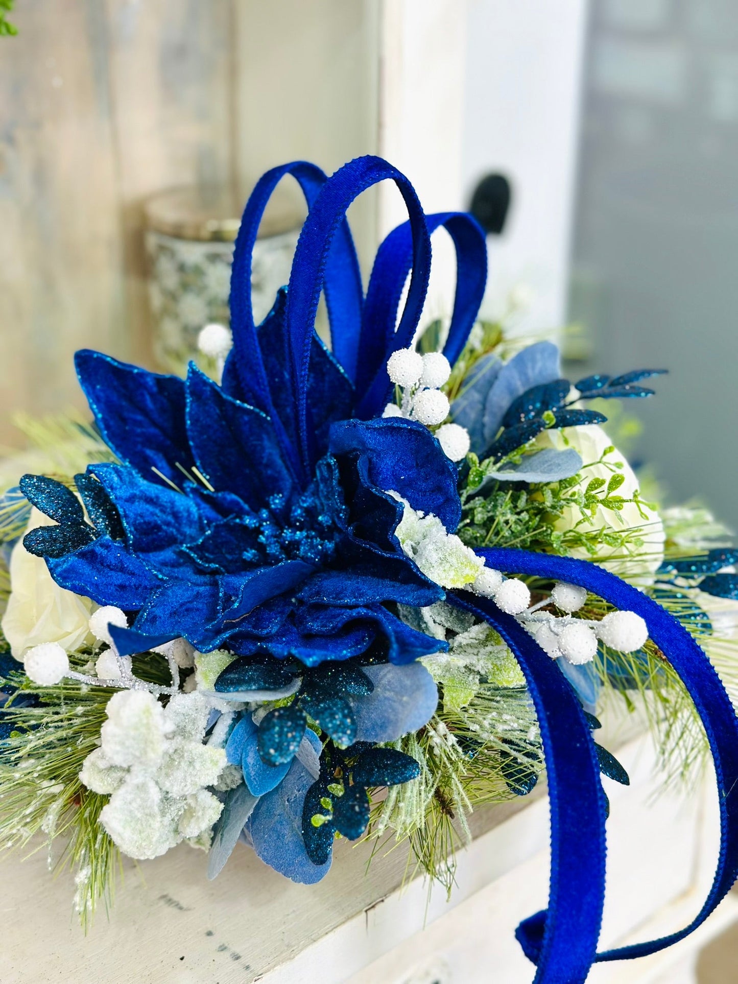 Blue & White Holiday Arrangement in Wooden Dough Bowl | Farmhouse Winter Centerpiece TCT Crafts