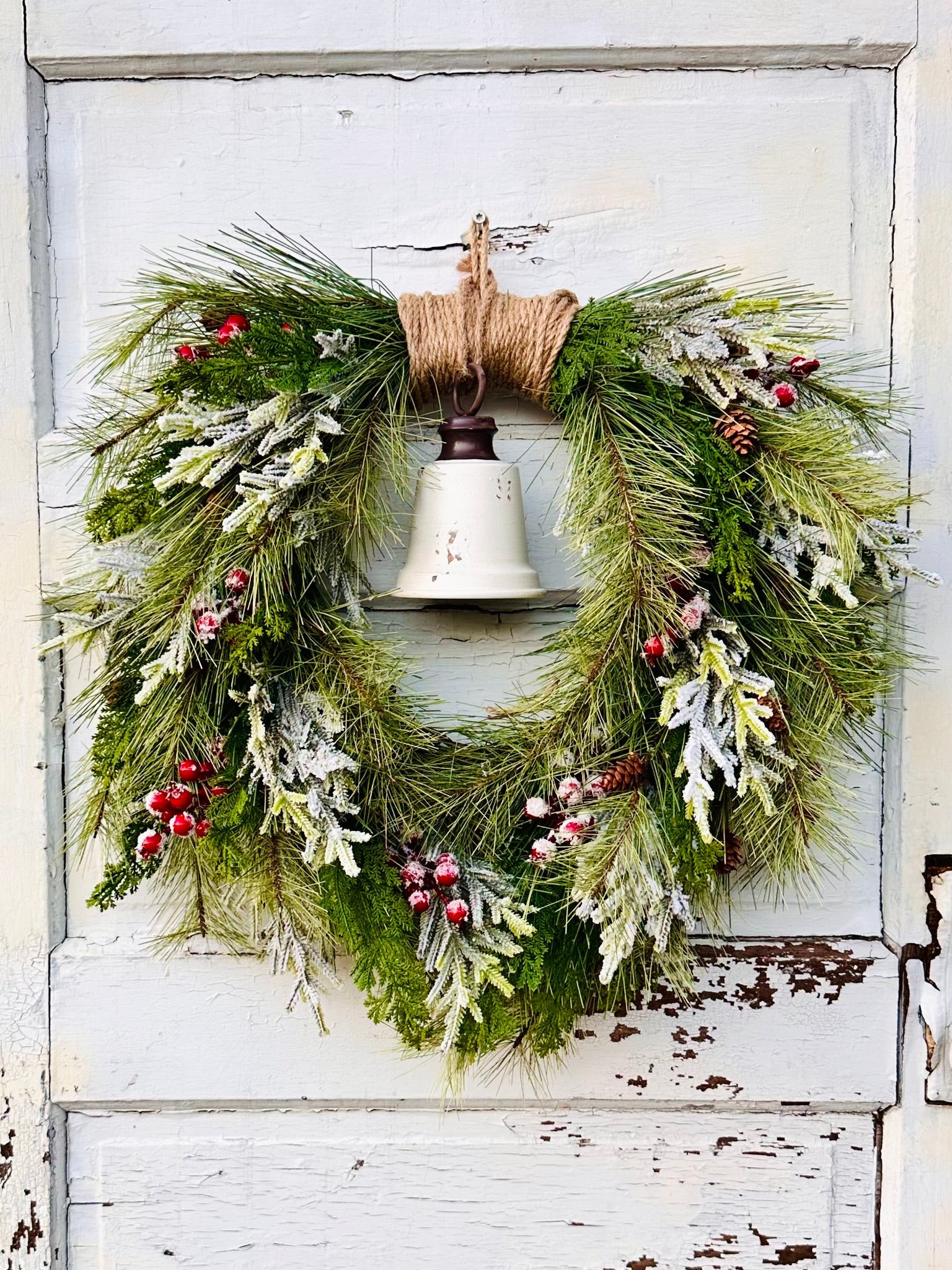 Rustic Winter Pine Wreath with White Liberty Bell | Farmhouse