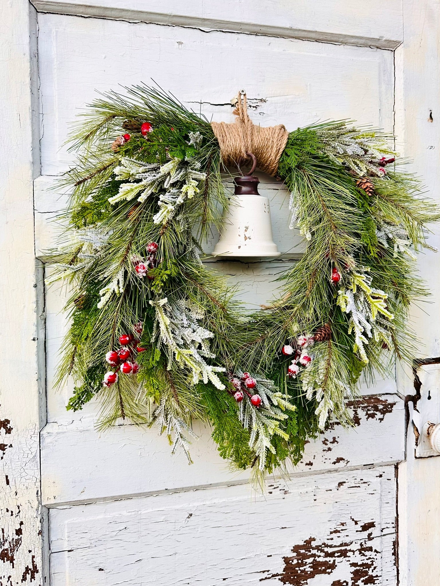 Rustic Winter Pine Wreath with White Liberty Bell | Farmhouse Christmas Decor TCT Crafts